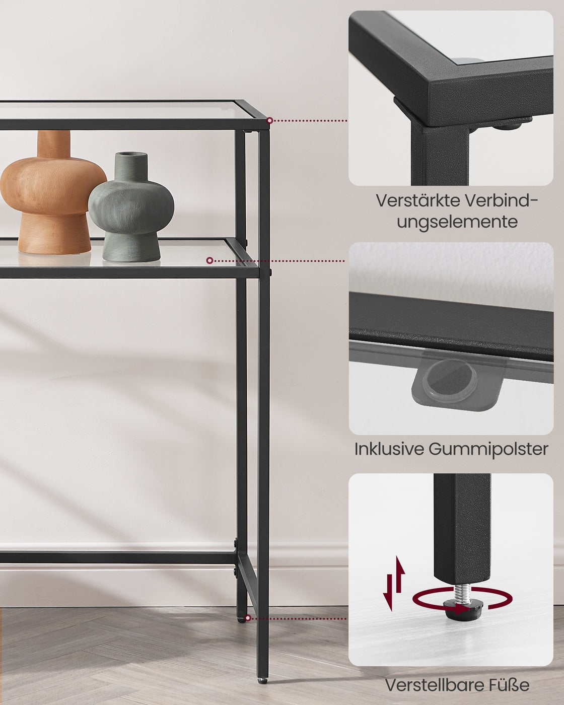 Konsolentisch mit Glasregalen – Minimalistisches Design – Schwarzer Stahl und gehärtetes Glas – 100 cm breit