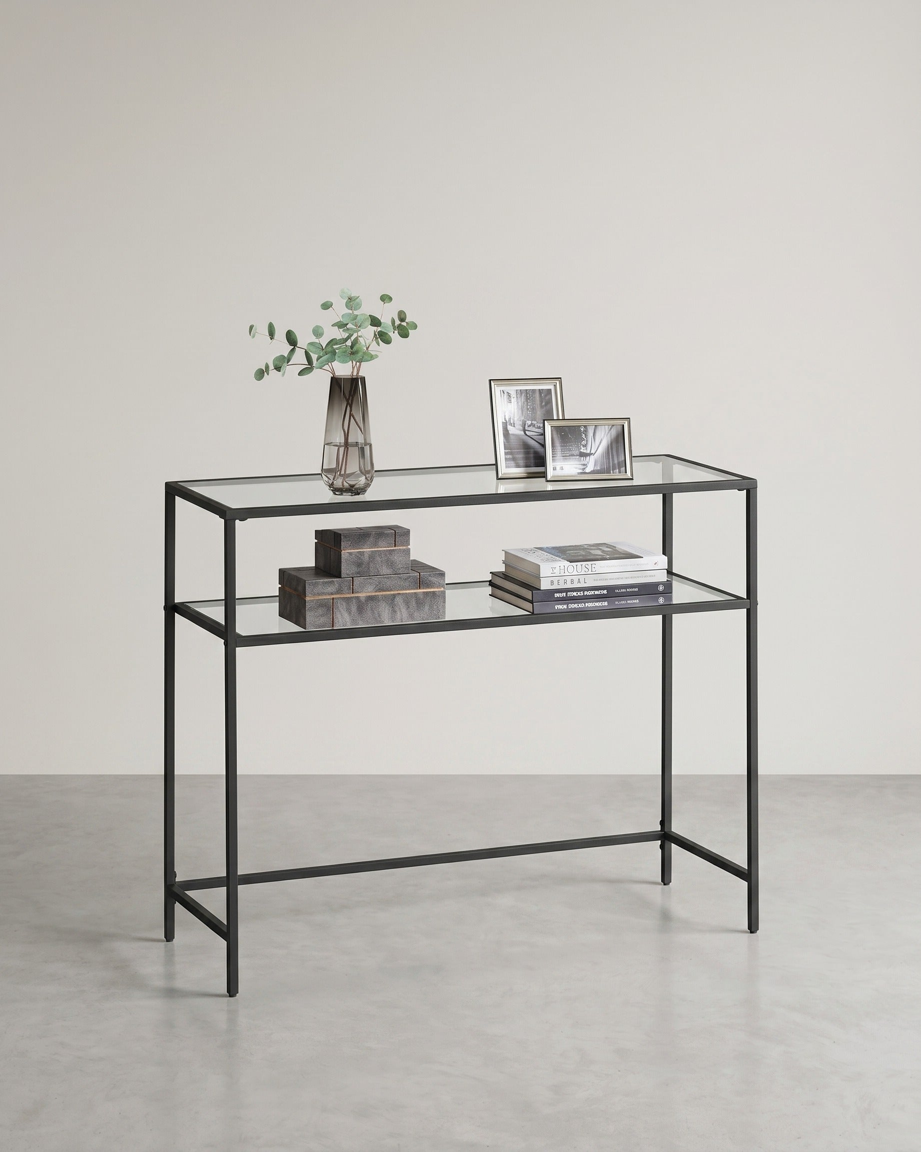 Konsolentisch mit Glasregalen – Minimalistisches Design – Schwarzer Stahl und gehärtetes Glas – 100 cm breit