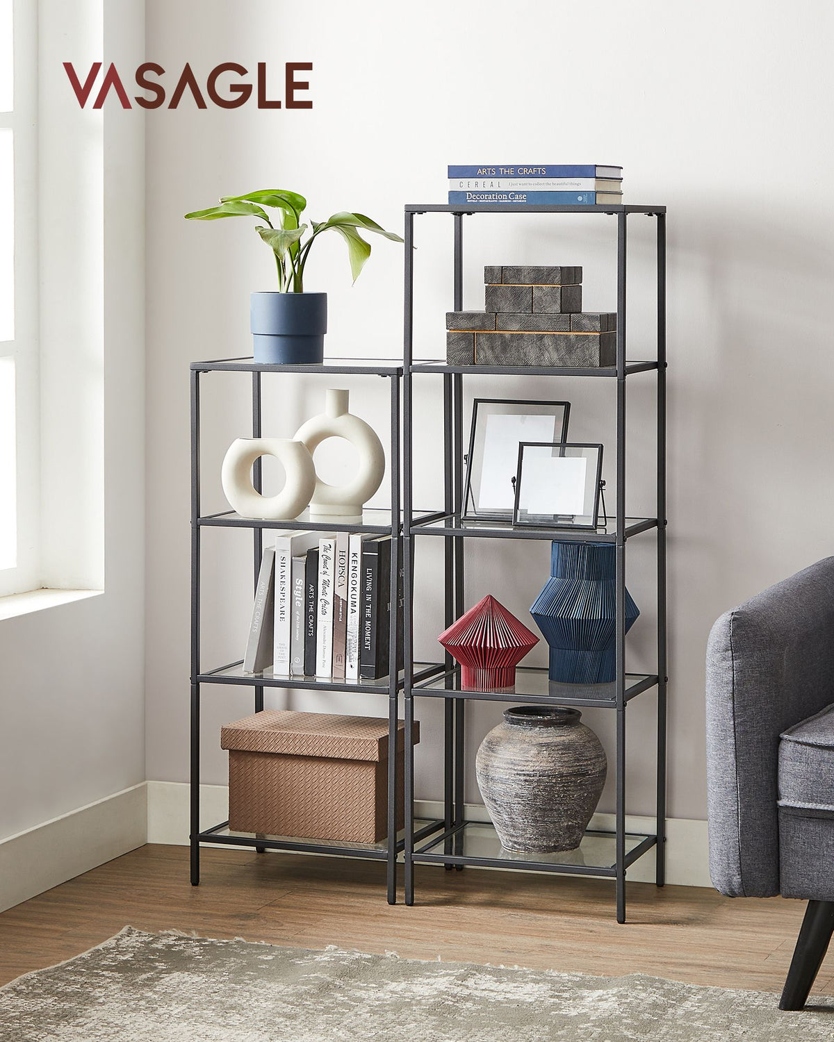 Eckschrank Glas – 5 oder 6 Ebenen – stilvoll & platzsparend