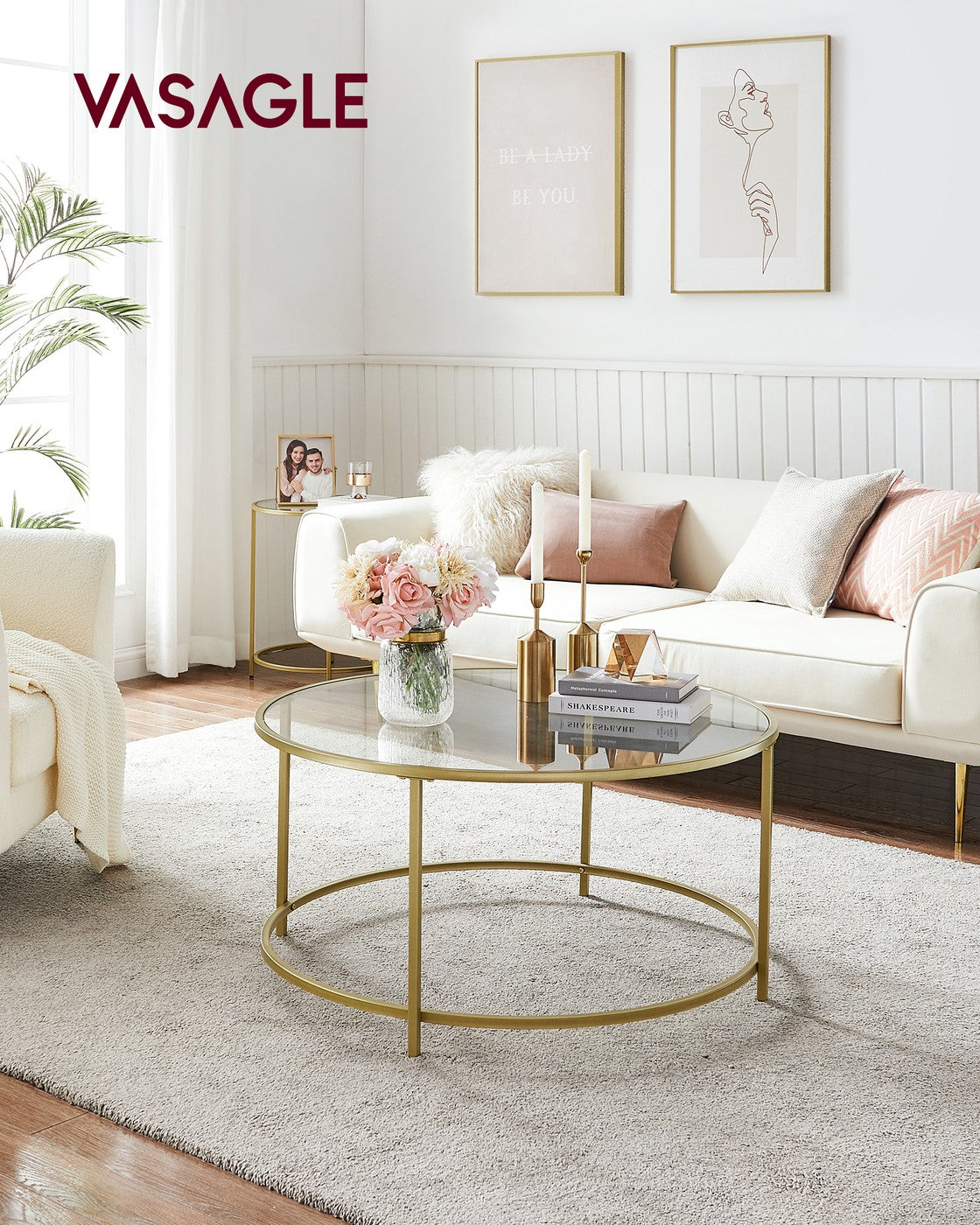 Runder Couchtisch Gold mit Glasplatte – gehärtetes Glas – moderner Retro-Beistelltisch für das Wohnzimmer