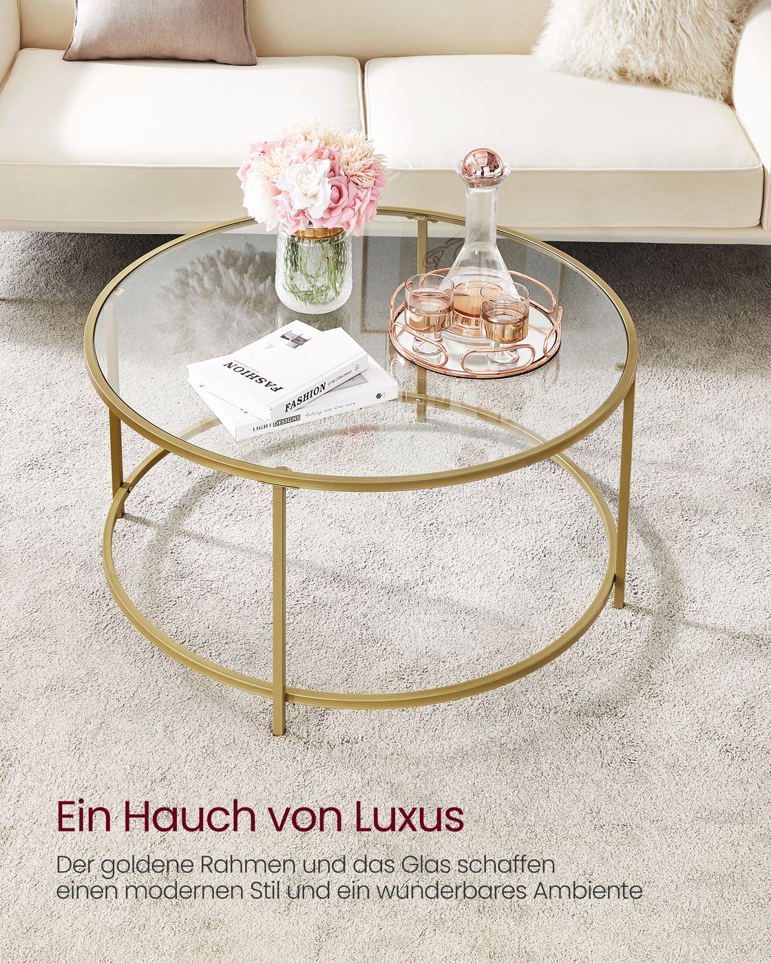 Runder Couchtisch Gold mit Glasplatte – gehärtetes Glas – moderner Retro-Beistelltisch für das Wohnzimmer