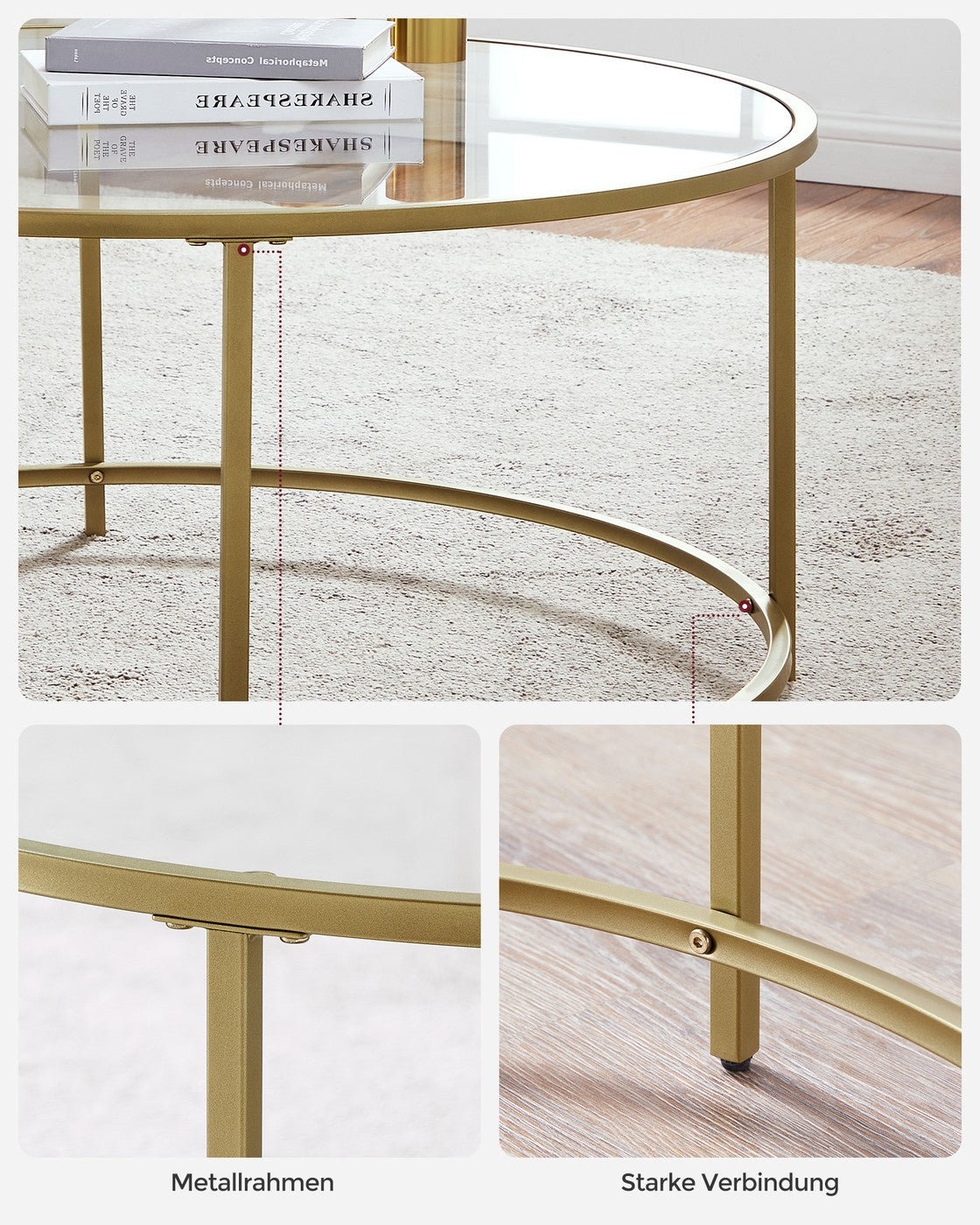 Runder Couchtisch Gold mit Glasplatte – gehärtetes Glas – moderner Retro-Beistelltisch für das Wohnzimmer