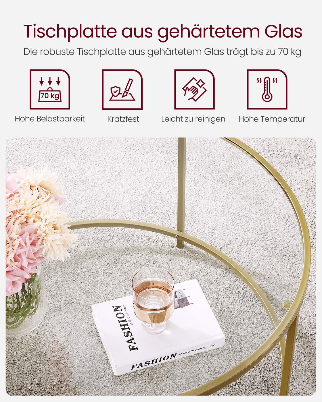 Runder Couchtisch Gold mit Glasplatte – gehärtetes Glas – moderner Retro-Beistelltisch für das Wohnzimmer