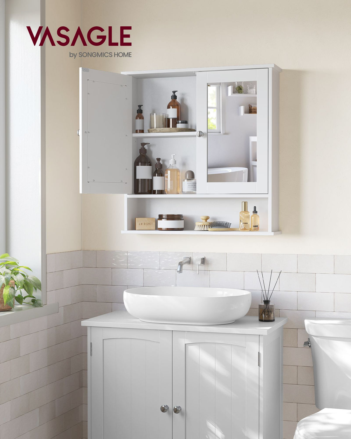 Badezimmerschrank mit Spiegel – Wandschrank mit 2 Türen – Aufbewahrungsschrank mit Verstellbarem Boden – 56 x 13 x 58 cm