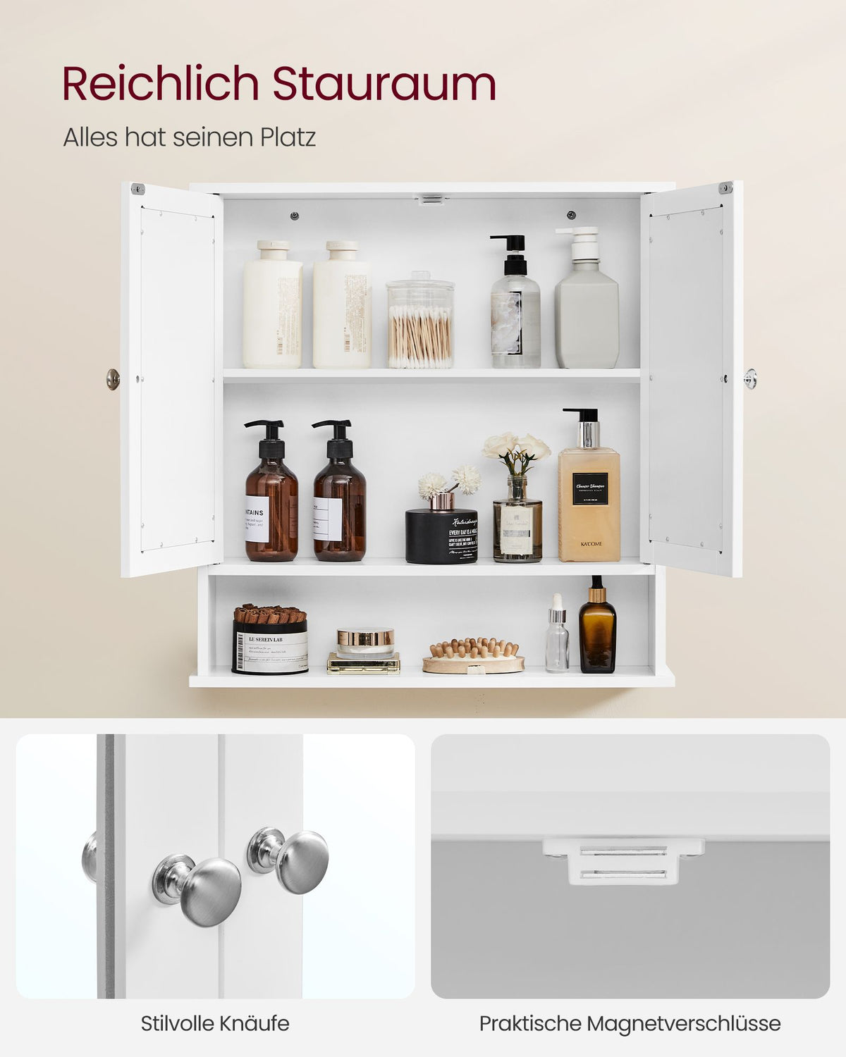 Badezimmerschrank mit Spiegel – Wandschrank mit 2 Türen – Aufbewahrungsschrank mit Verstellbarem Boden – 56 x 13 x 58 cm