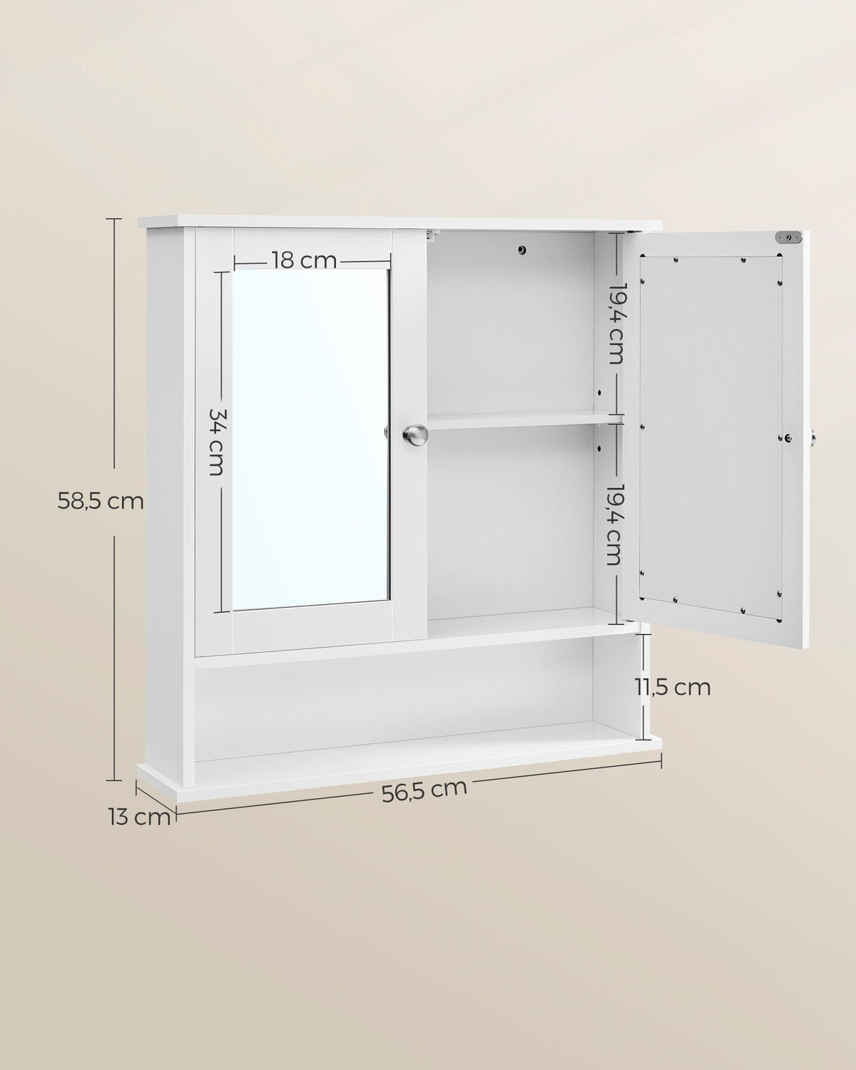 Badezimmerschrank mit Spiegel – Wandschrank mit 2 Türen – Aufbewahrungsschrank mit Verstellbarem Boden – 56 x 13 x 58 cm