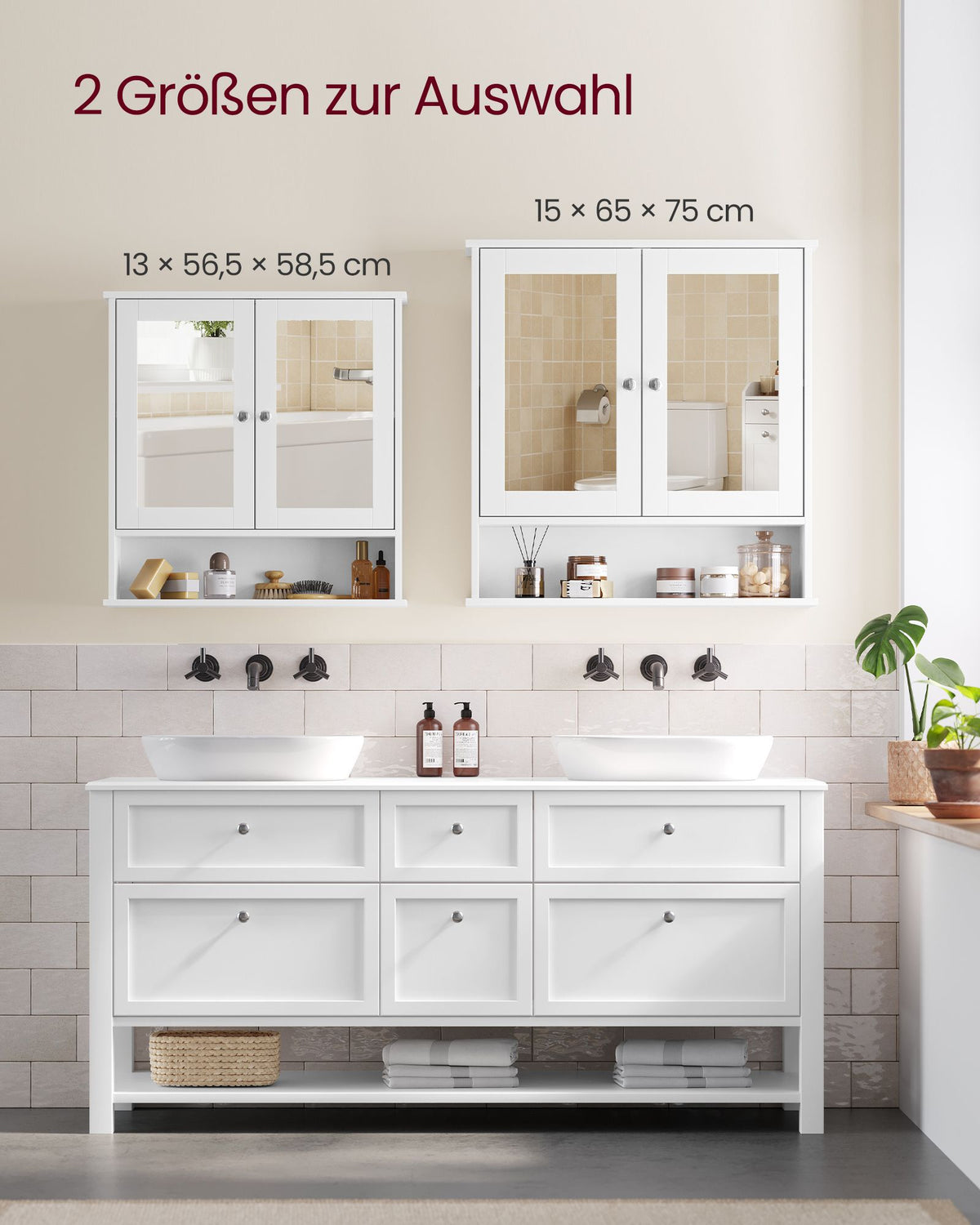 Badezimmerschrank mit Spiegel – Wandschrank mit 2 Türen – Aufbewahrungsschrank mit Verstellbarem Boden – 56 x 13 x 58 cm