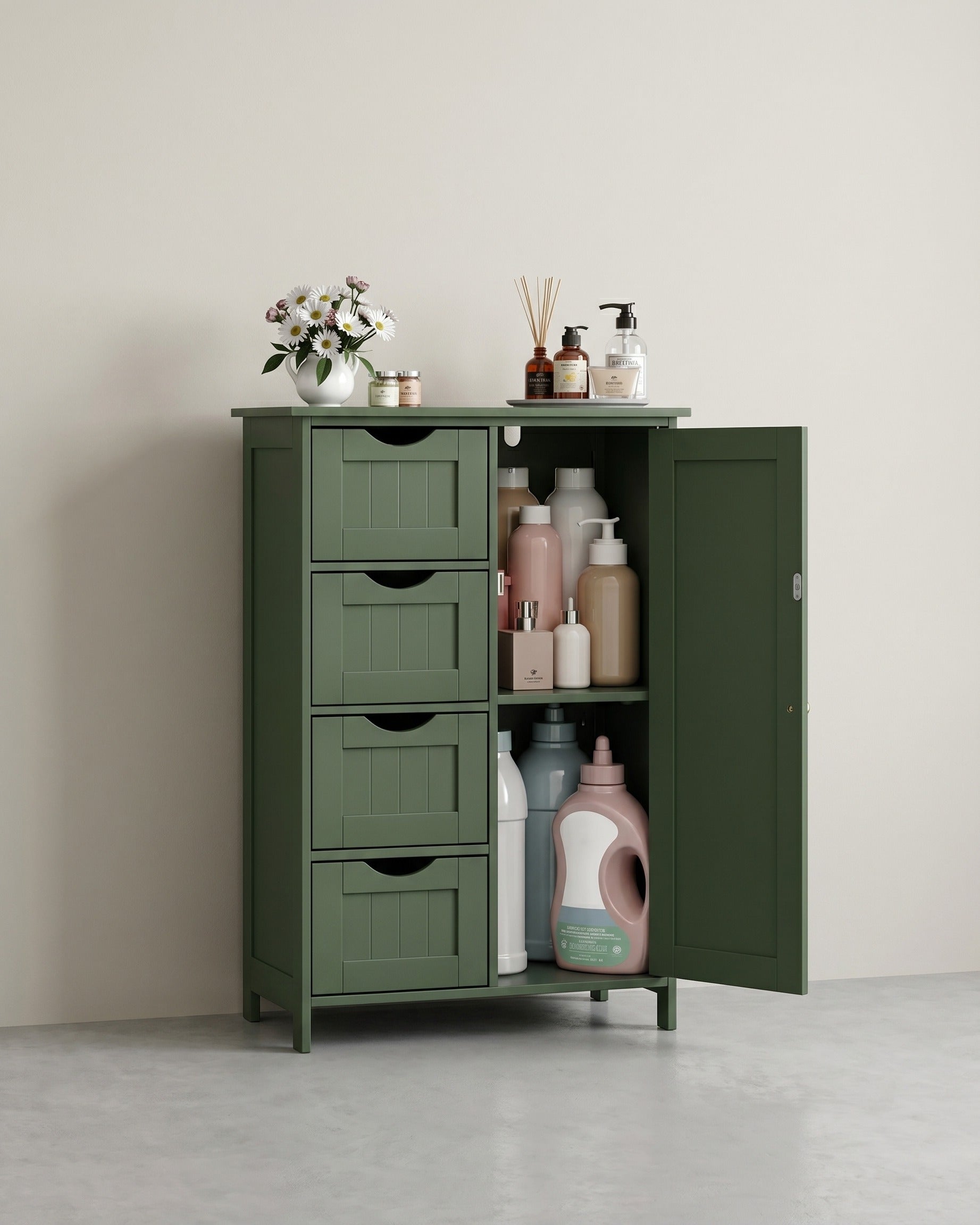 Badezimmerschrank - Kommode - Aufbewahrungsschrank mit Tür und Schubladen - 55 x 30 x 82 cm – Dunkelgrün