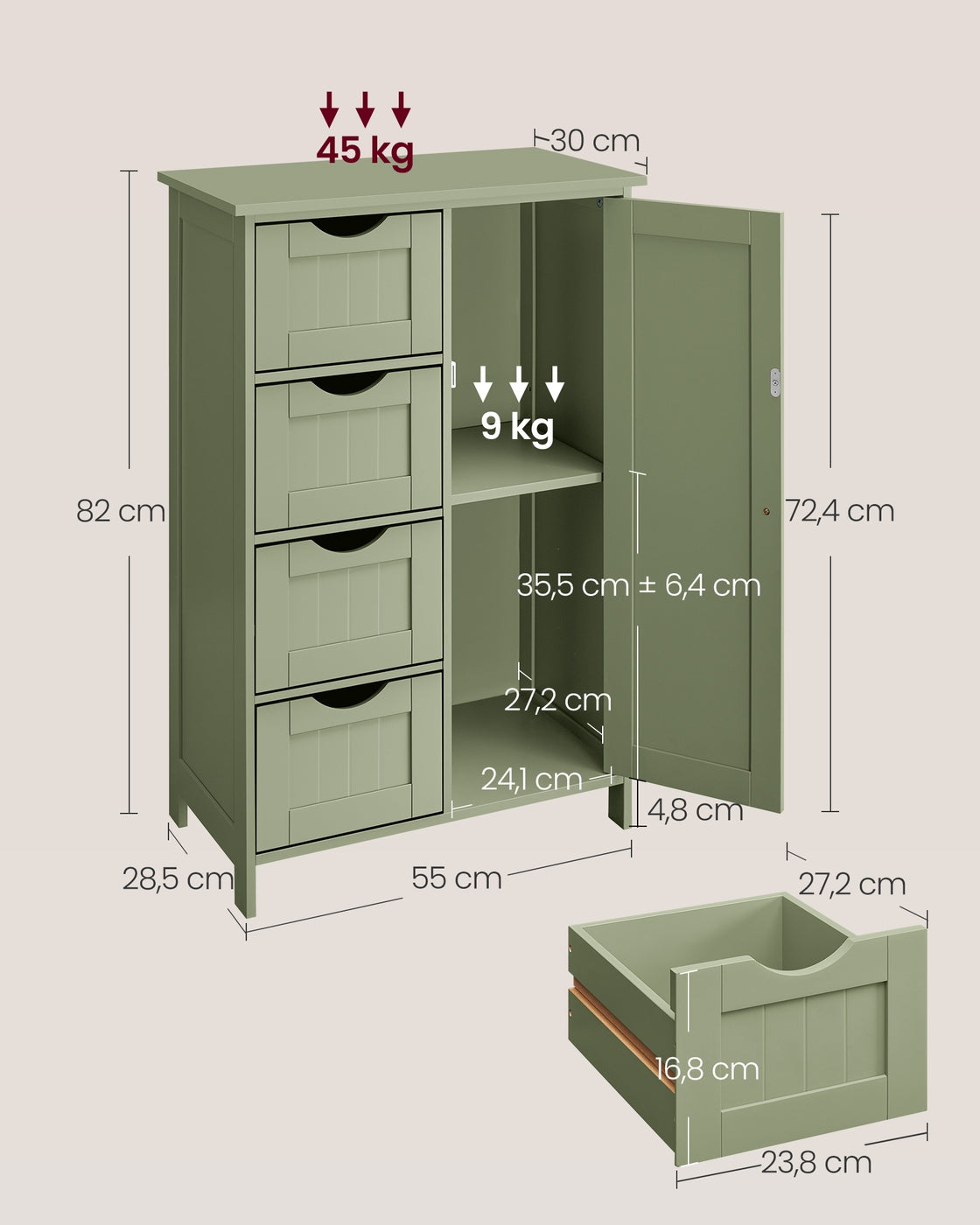 Badezimmerschrank - Kommode - Aufbewahrungsschrank mit Tür und Schubladen - 55 x 30 x 82 cm