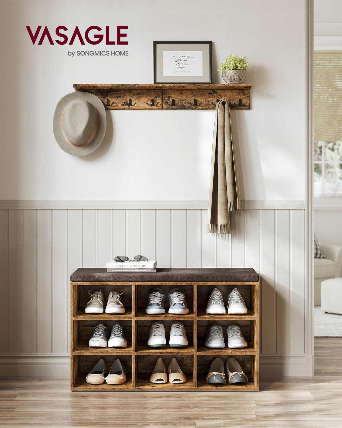 Aufbewahrungsboxen – Schuhbank mit Stauraum – 9 Fächer – Verstellbare Böden – 30,3 x 78,5 x 48 cm – Spanplatte – Schaumstoff – Leinenoptik-Bezug – Max. Belastbarkeit 136 kg