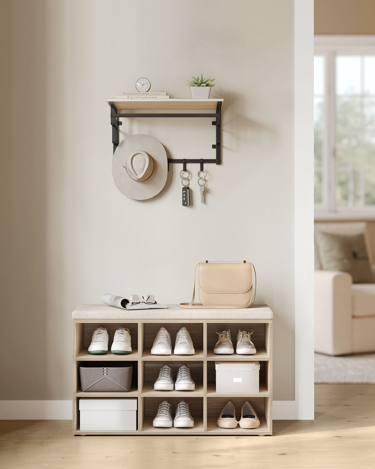 Aufbewahrungsboxen – Schuhbank mit Stauraum – 9 Fächer – Verstellbare Böden – 30,3 x 78,5 x 48 cm – Spanplatte – Schaumstoff – Leinenoptik-Bezug – Max. Belastbarkeit 136 kg