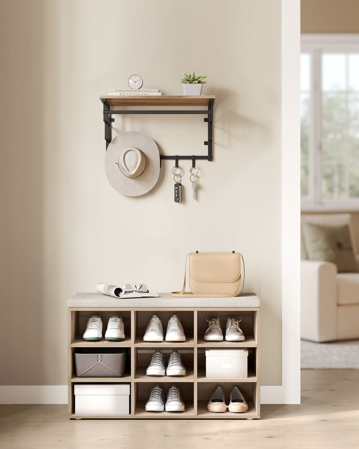 Aufbewahrungsboxen – Schuhbank mit Stauraum – 9 Fächer – Verstellbare Böden – 30,3 x 78,5 x 48 cm – Spanplatte – Schaumstoff – Leinenoptik-Bezug – Max. Belastbarkeit 136 kg