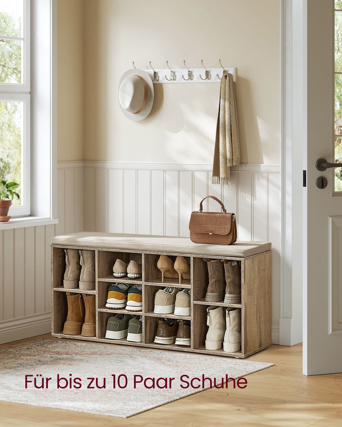 Aufbewahrungsboxen – Schuhbank mit Stauraum – 9 Fächer – Verstellbare Böden – 30,3 x 78,5 x 48 cm – Spanplatte – Schaumstoff – Leinenoptik-Bezug – Max. Belastbarkeit 136 kg