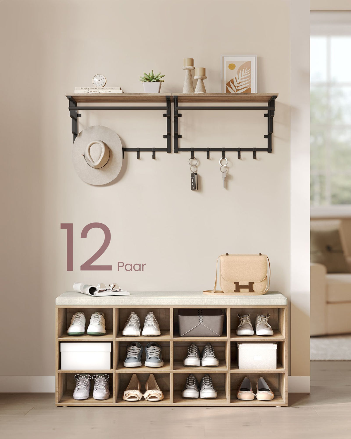Aufbewahrungsboxen – Schuhbank mit Stauraum – 9 Fächer – Verstellbare Böden – 30,3 x 78,5 x 48 cm – Spanplatte – Schaumstoff – Leinenoptik-Bezug – Max. Belastbarkeit 136 kg