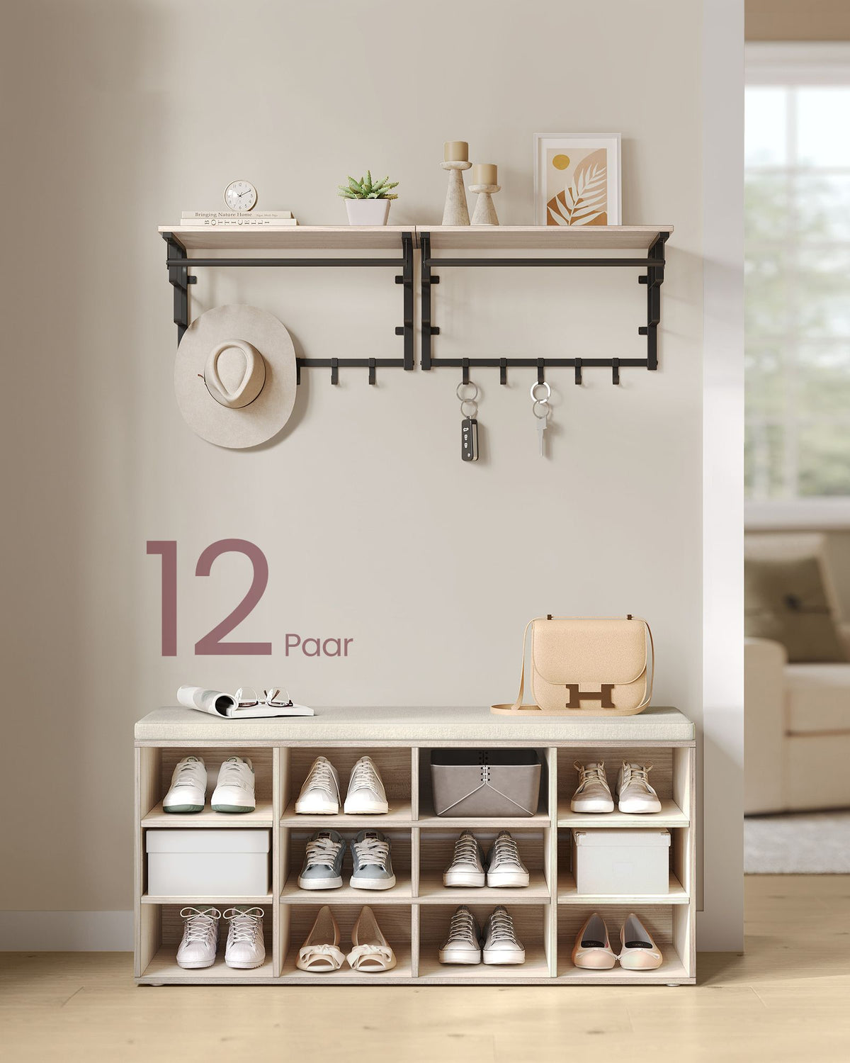 Aufbewahrungsboxen – Schuhbank mit Stauraum – 9 Fächer – Verstellbare Böden – 30,3 x 78,5 x 48 cm – Spanplatte – Schaumstoff – Leinenoptik-Bezug – Max. Belastbarkeit 136 kg