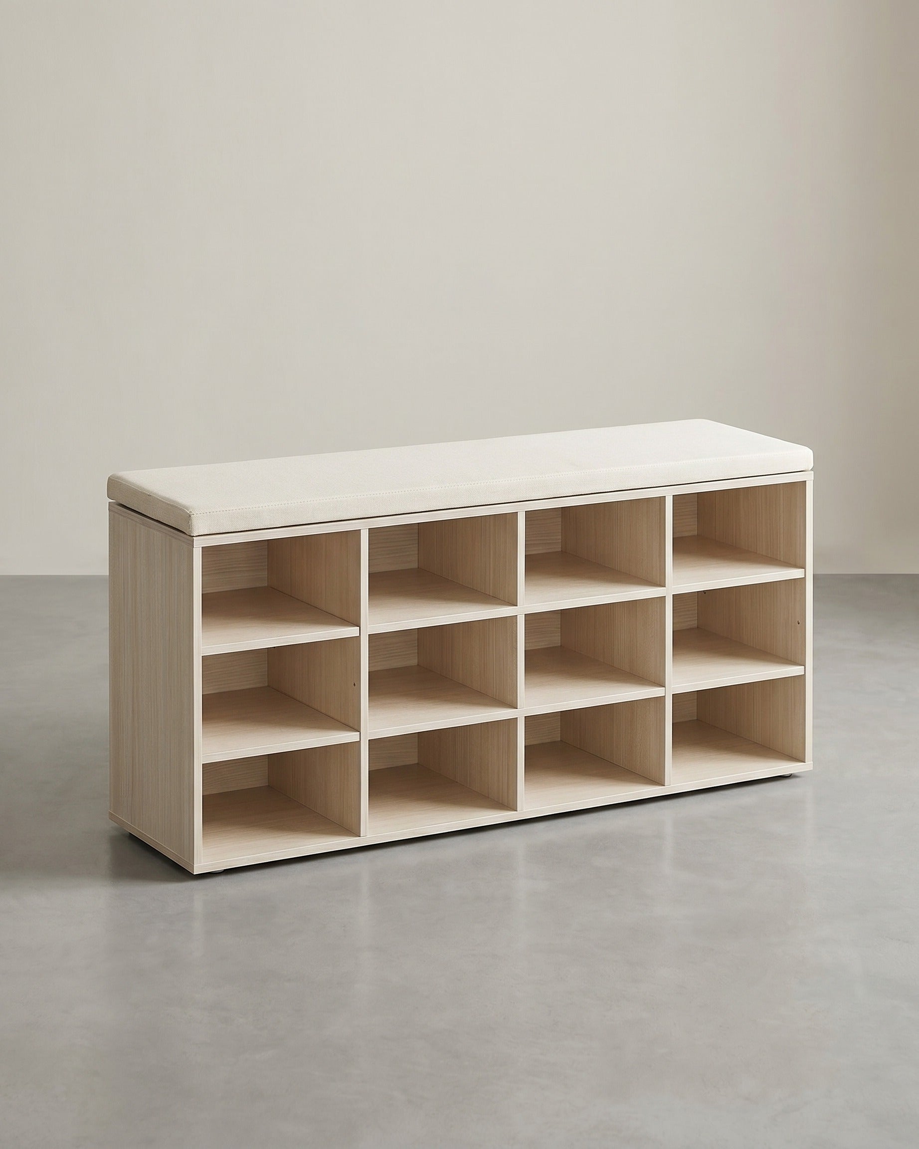Aufbewahrungsboxen – Schuhbank mit Stauraum – 9 Fächer – Verstellbare Böden – 30,3 x 78,5 x 48 cm – Spanplatte – Schaumstoff – Leinenoptik-Bezug – Max. Belastbarkeit 136 kg