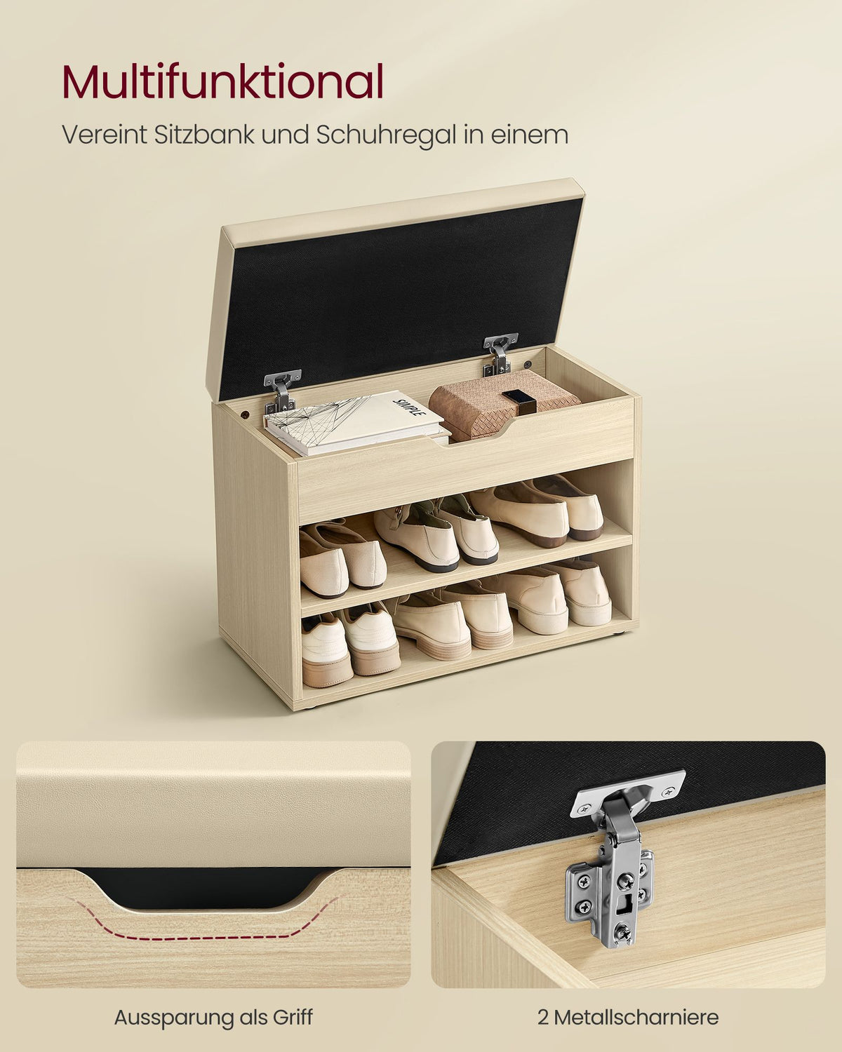 Truhenbank mit Sitzpolster – Schuhbank mit Klappe und Fächern – 60 cm – Multifunktional & Bequem