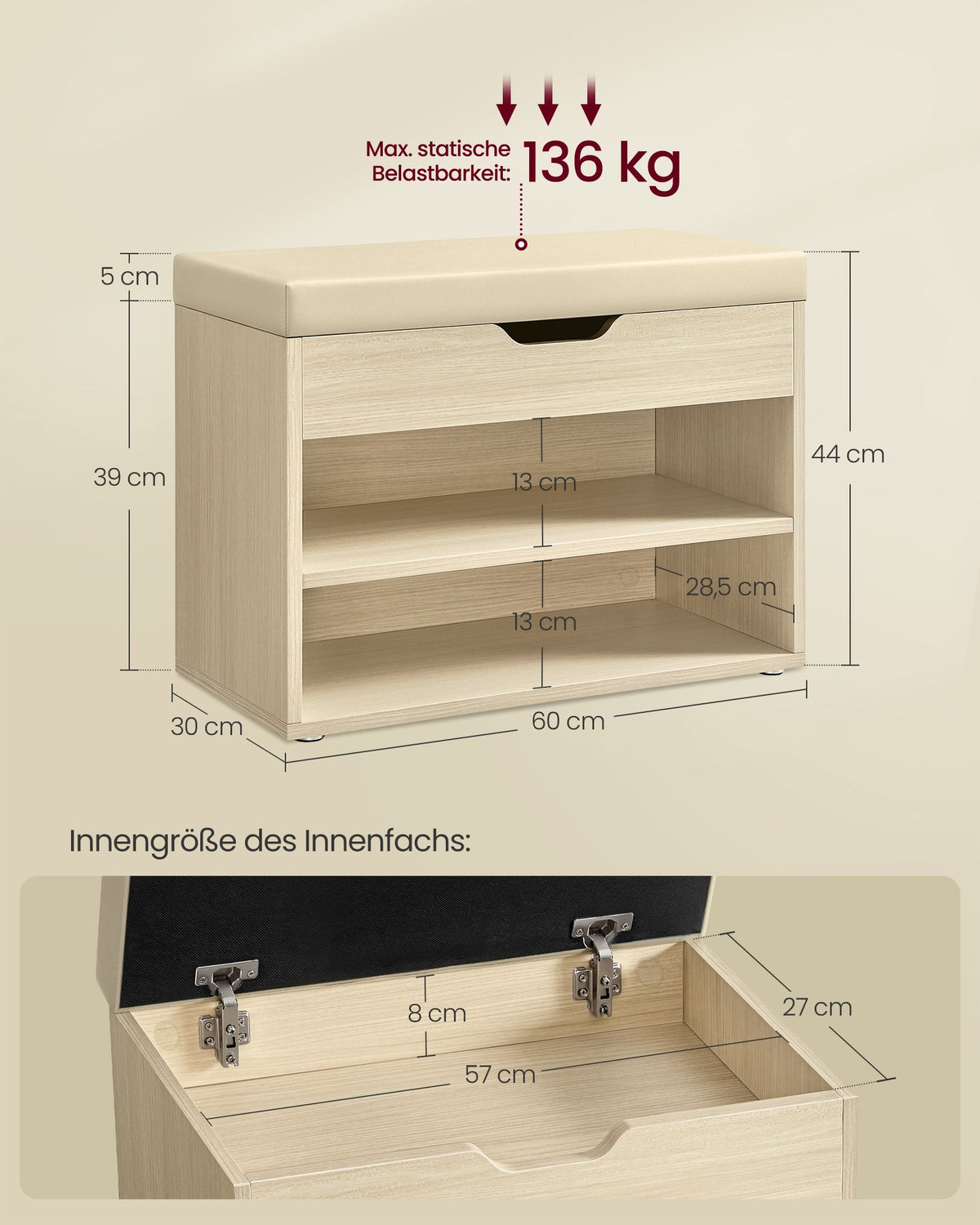 Truhenbank mit Sitzpolster – Schuhbank mit Klappe und Fächern – 60 cm – Multifunktional & Bequem