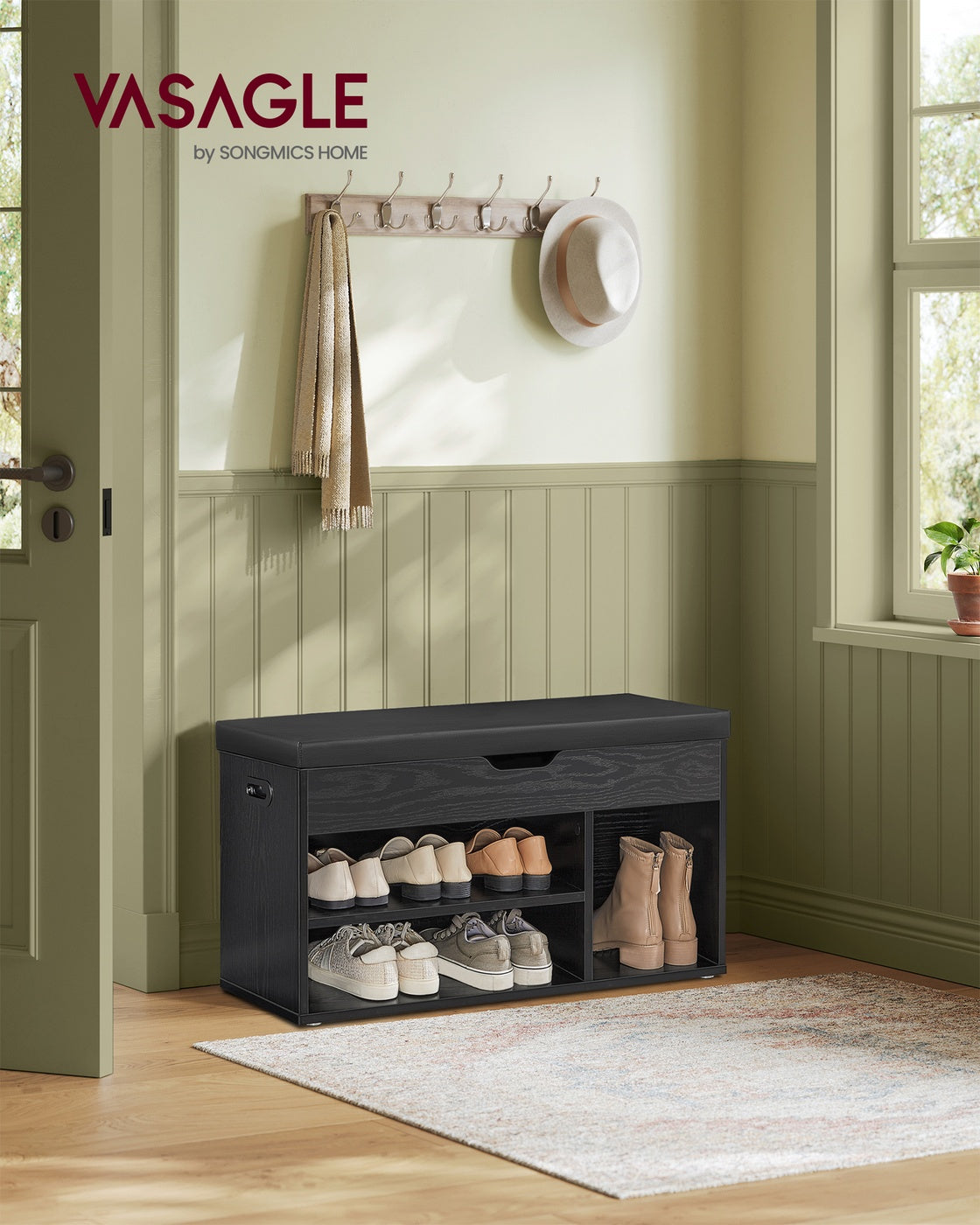 Schuhaufbewahrung – Schuhbank mit Sitzfläche – Aufbewahrungsbank mit 3 Offenen Fächern – 30 x 80 x 44 cm – Tragfähigkeit bis 150 kg