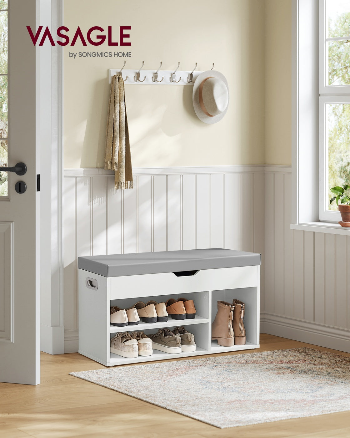 Schuhaufbewahrung – Schuhbank mit Sitzfläche – Aufbewahrungsbank mit 3 Offenen Fächern – 30 x 80 x 44 cm – Tragfähigkeit bis 150 kg