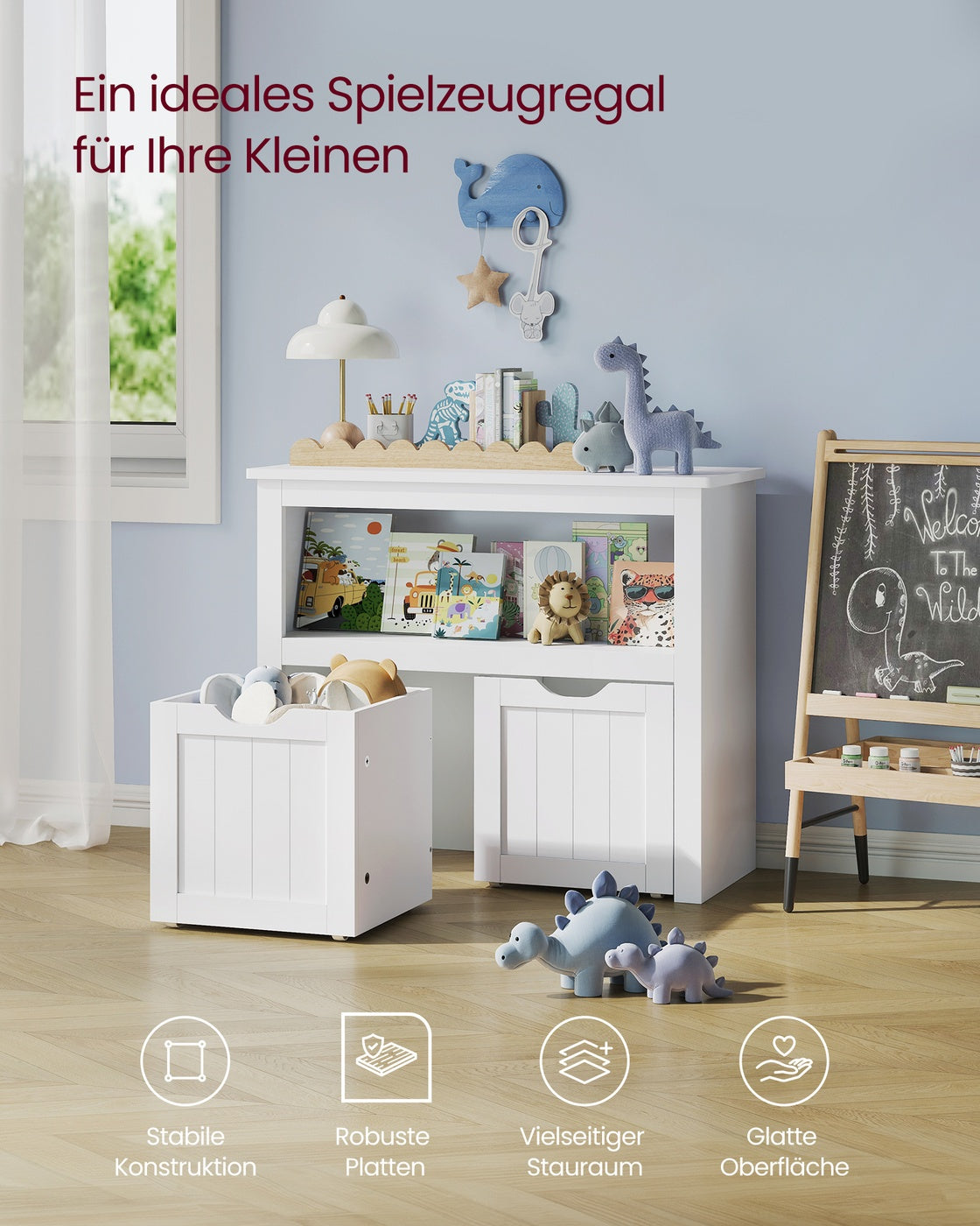 Kinderkleiderschrank mit Aufbewahrungsboxen und Rollen – Spielzeugschrank 72 cm – Weiß