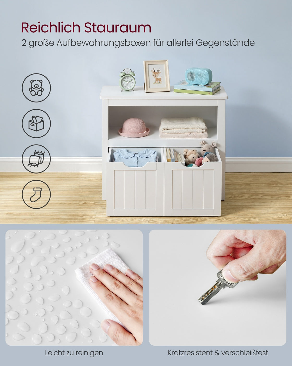 Kinderkleiderschrank mit Aufbewahrungsboxen und Rollen – Spielzeugschrank 72 cm – Weiß