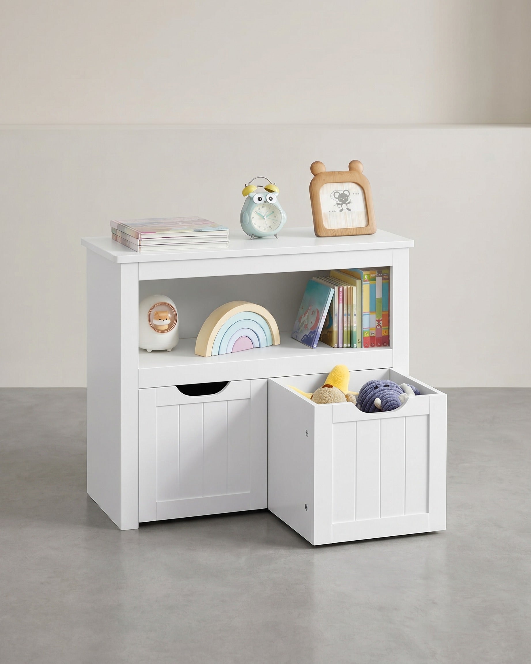 Kinderkleiderschrank mit Aufbewahrungsboxen und Rollen – Spielzeugschrank 72 cm – Weiß