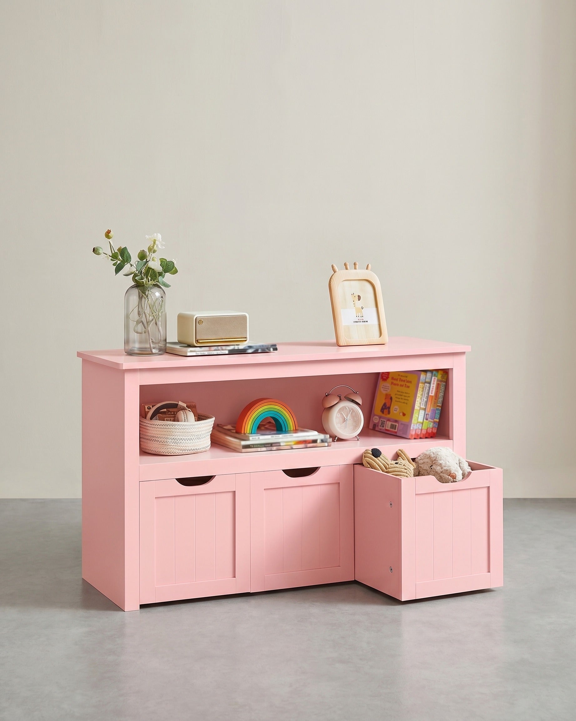 Spielzeugschrank mit 3 Aufbewahrungsbehältern - Stilvoll und praktisch - Kinderzimmer – Rosa