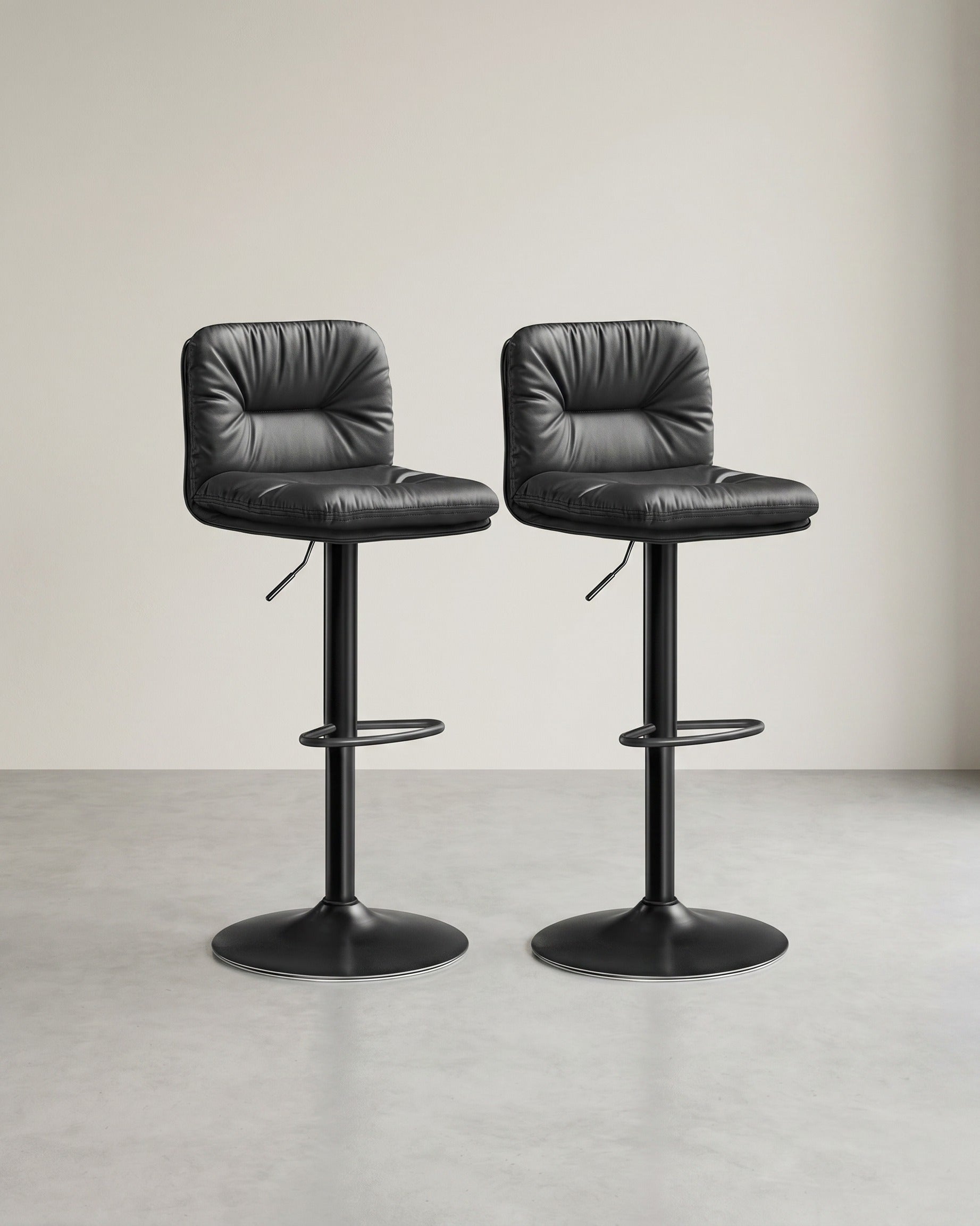 Set mit 2 Barhockern – Verstellbar – 360° drehbar – Kunstleder mit Rücken- und Fußstütze – Schwarz