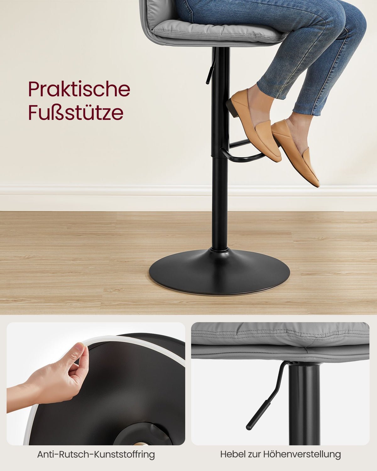 Set mit 2 Barhockern – Verstellbar – 360° drehbar – Kunstleder mit Rücken- und Fußstütze