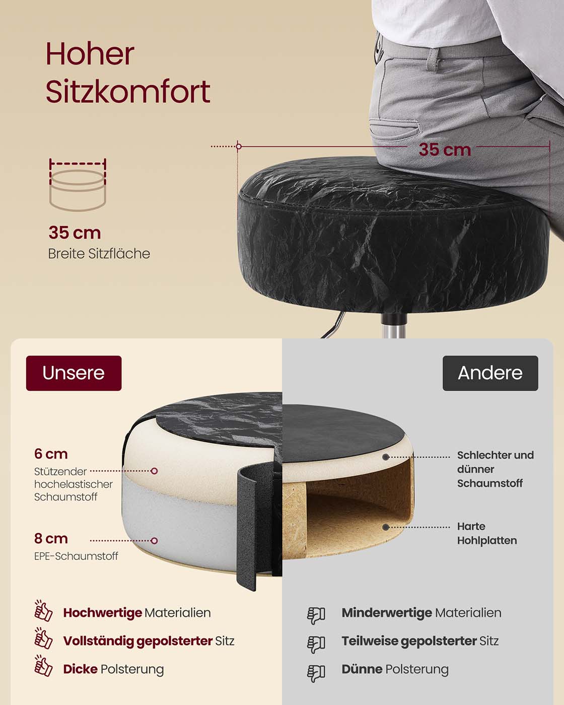 Schminkhocker drehbar – höhenverstellbar – 360° – PU mit Gletschermuster – Frisierhocker bis 120 kg