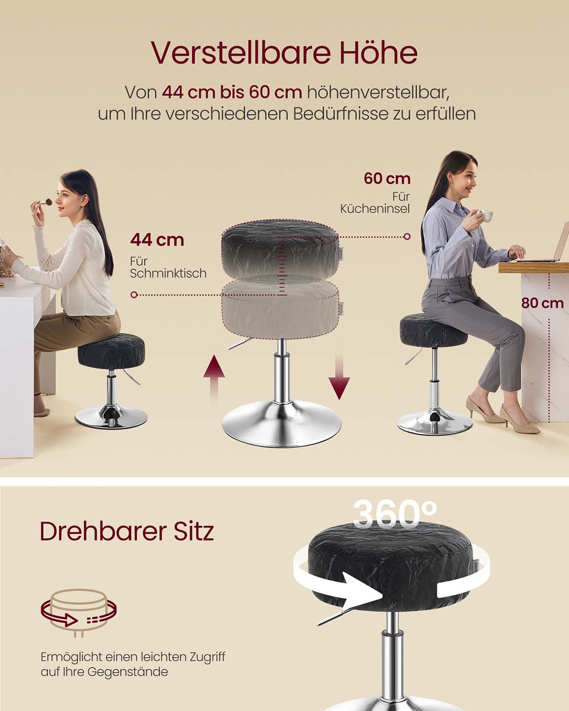 Schminkhocker drehbar – höhenverstellbar – 360° – PU mit Gletschermuster – Frisierhocker bis 120 kg
