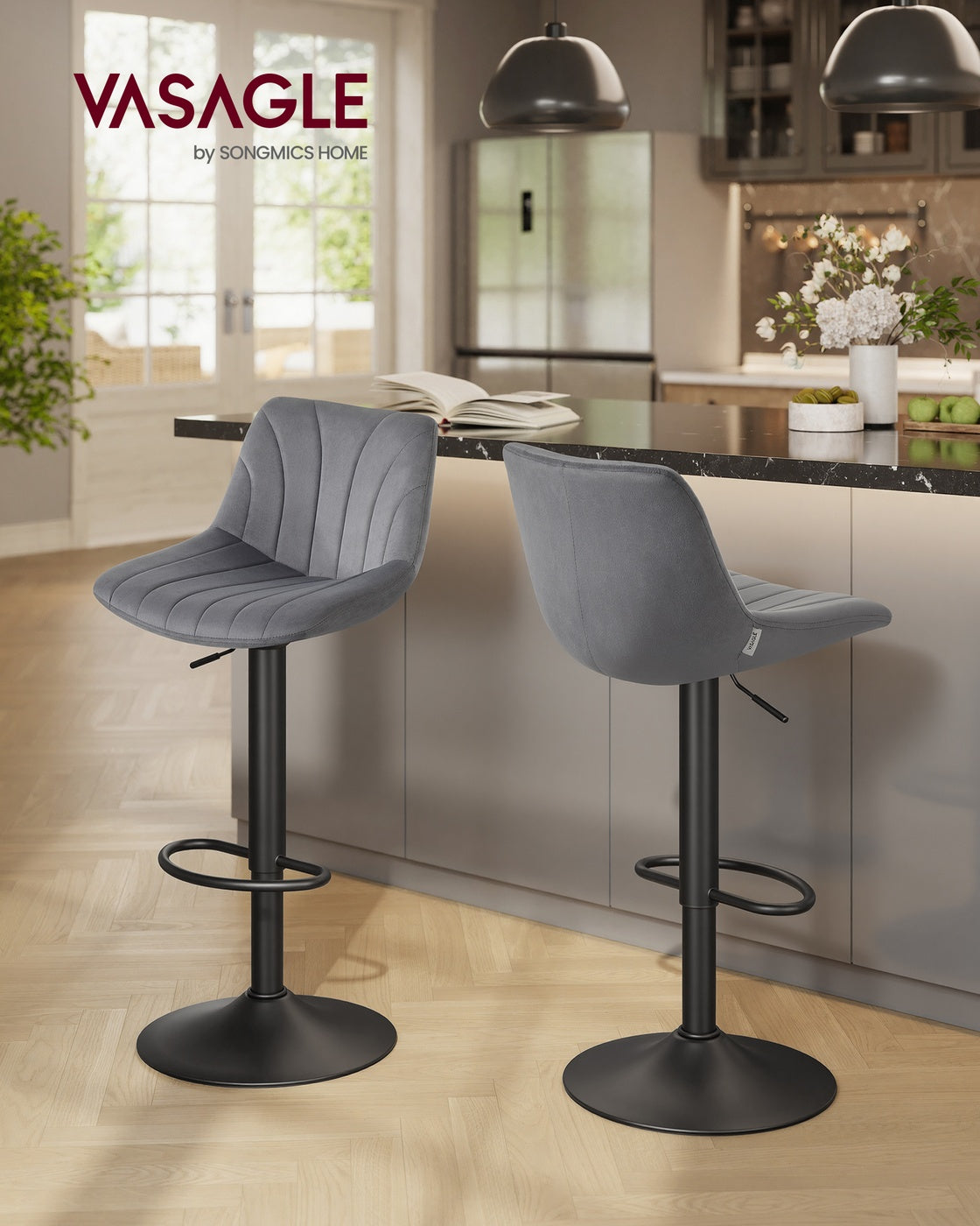 Samt-Barhocker-Set, 2er-Set – Höhenverstellbar & 360° drehbar – Mit Rückenlehne und Fußstütze