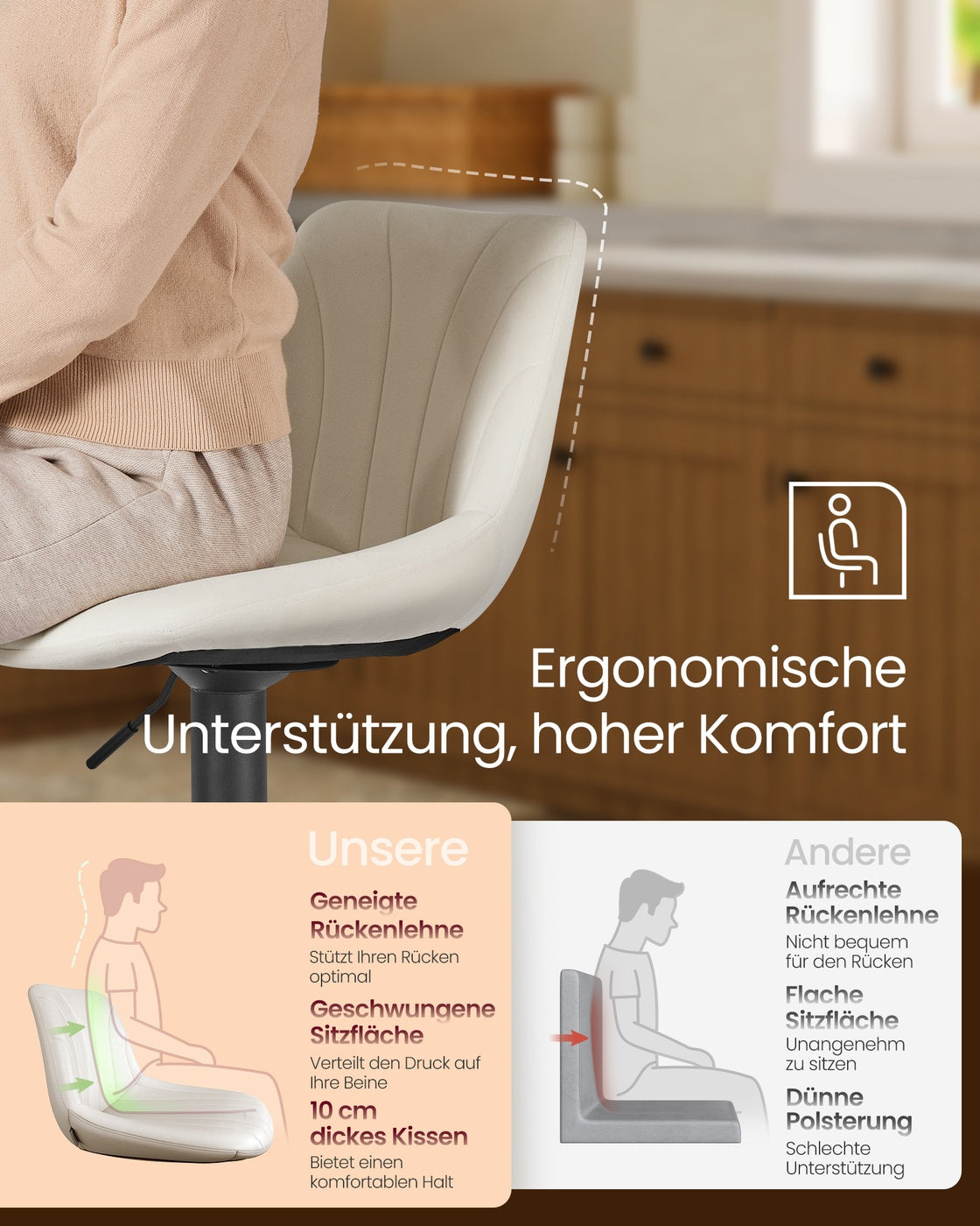 Samt-Barhocker-Set, 2er-Set – Höhenverstellbar & 360° drehbar – Mit Rückenlehne und Fußstütze
