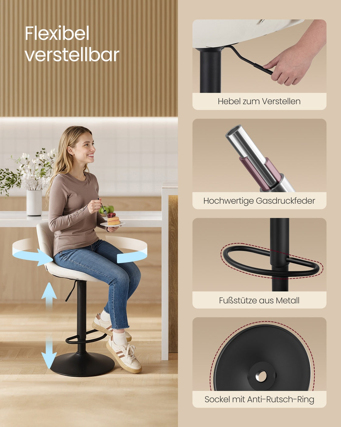 Samt-Barhocker-Set, 2er-Set – Höhenverstellbar & 360° drehbar – Mit Rückenlehne und Fußstütze