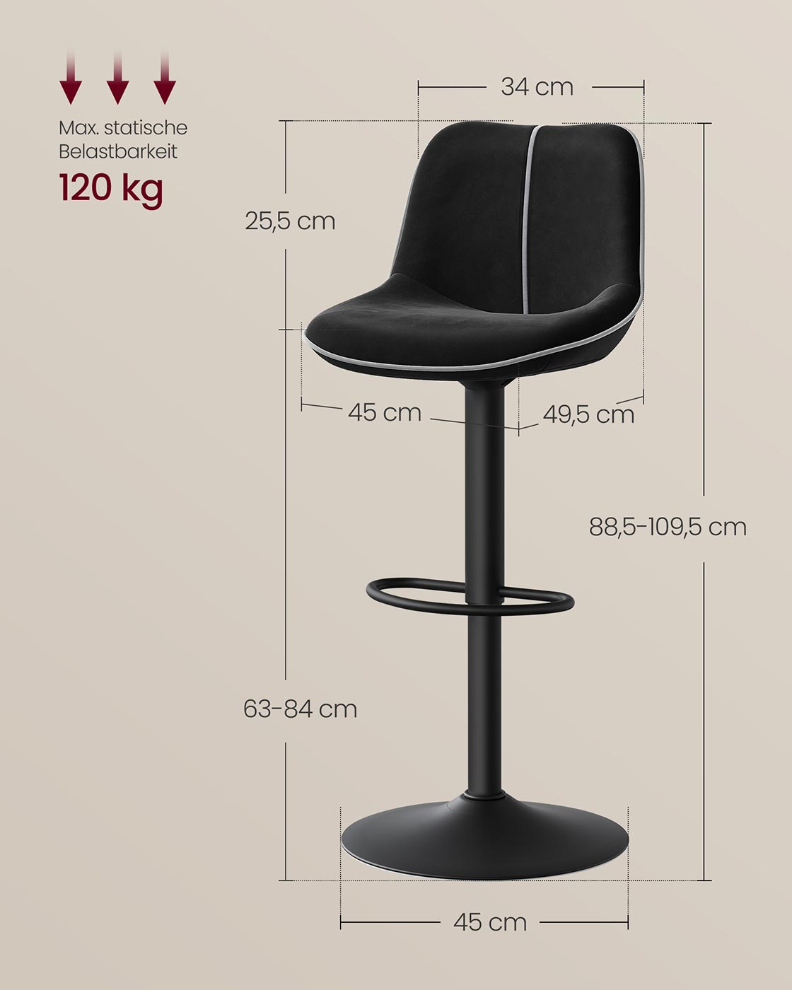 2er-Set Barhocker – Verstellbare Sitzhöhe – Samtpolsterung – Ergonomischer Komfort – Stabile Basis