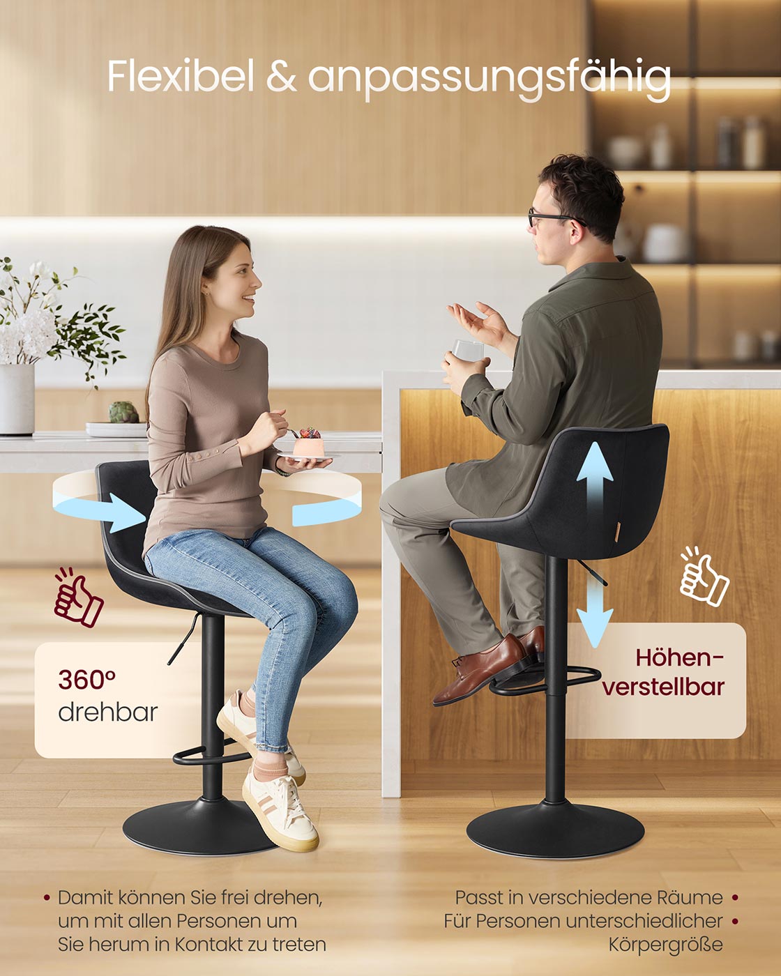 2er-Set Barhocker – Verstellbare Sitzhöhe – Samtpolsterung – Ergonomischer Komfort – Stabile Basis