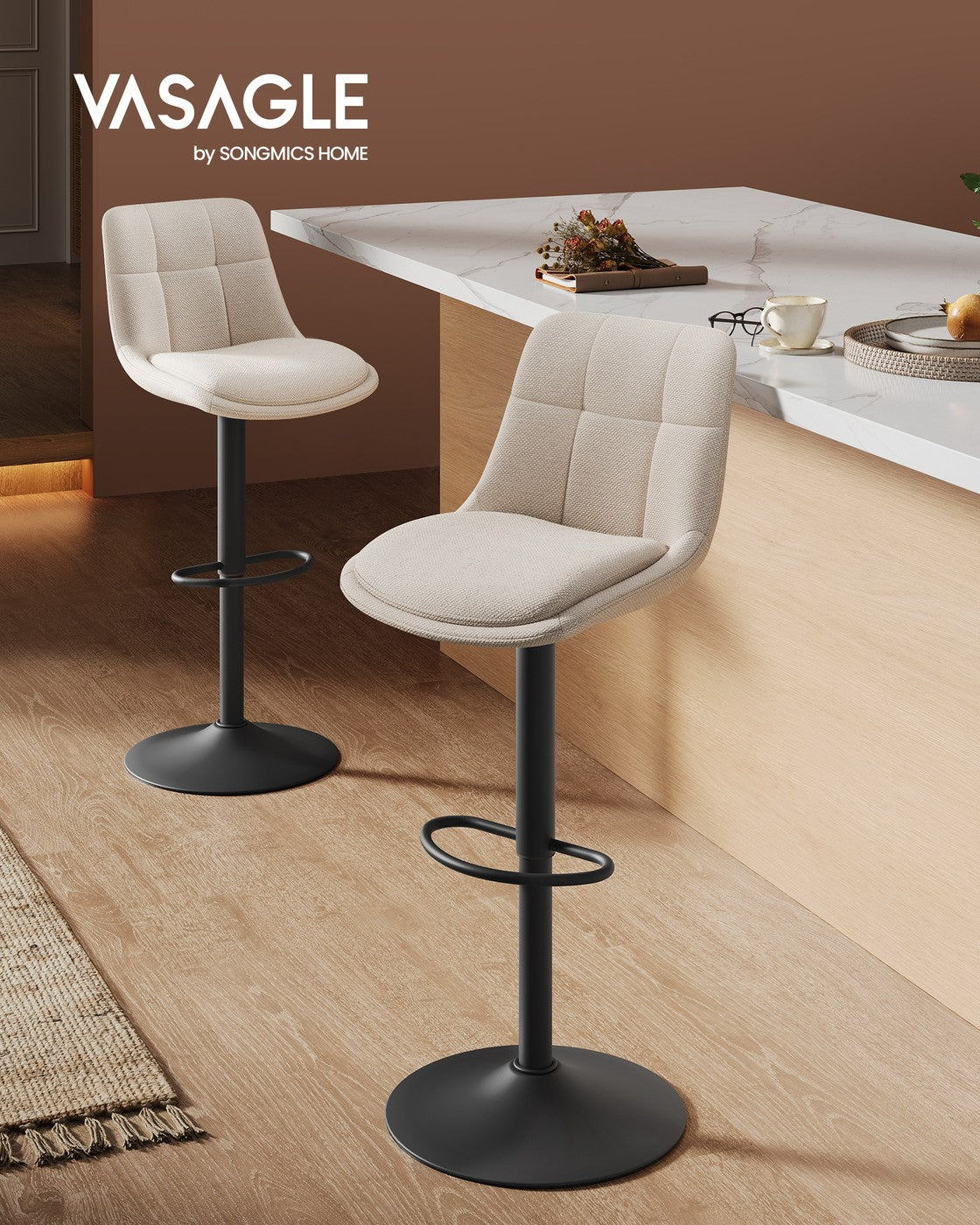 2er Set verstellbare Barstühle mit Rückenlehne und Fußstütze - 360° Drehfunktion