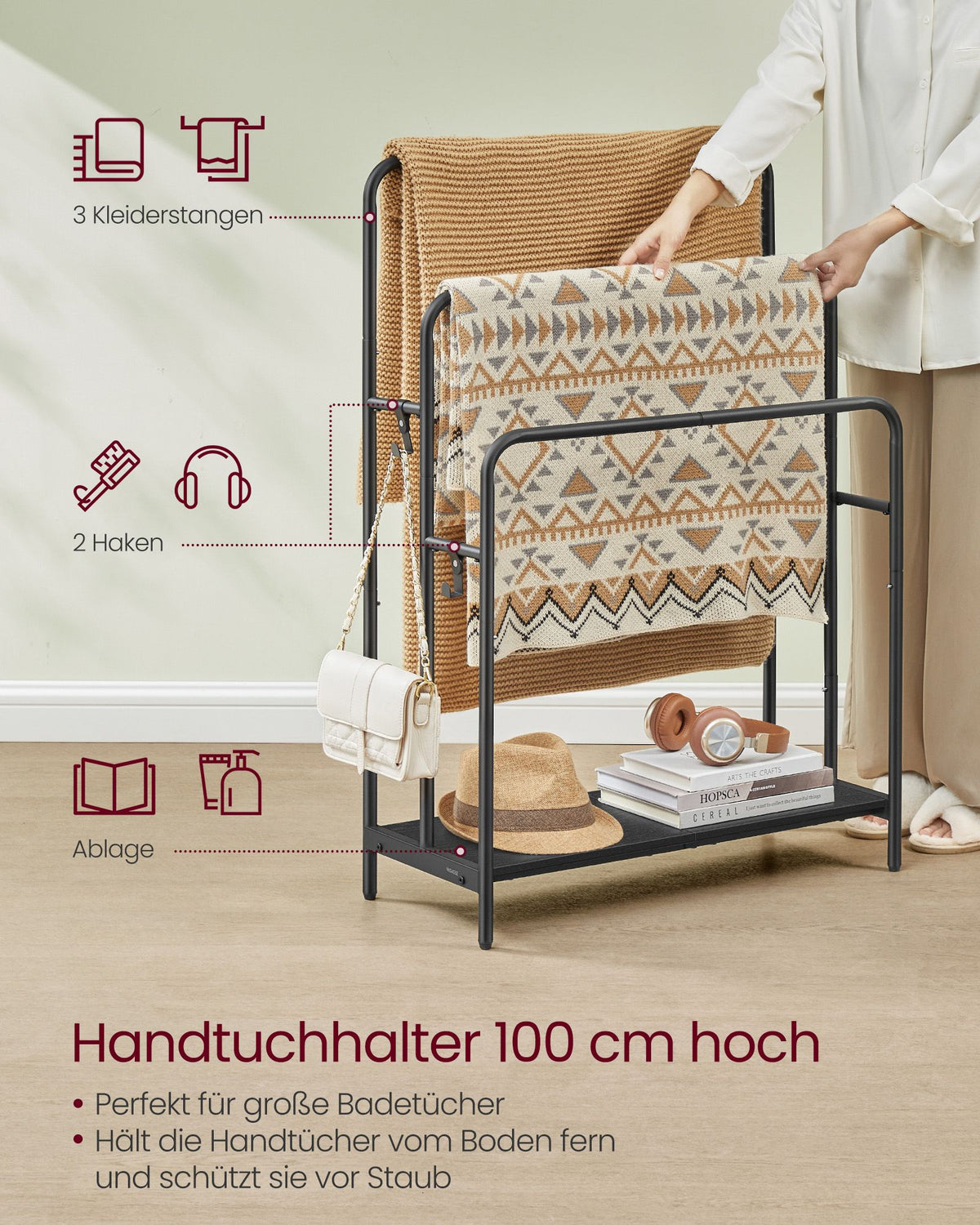 Freistehender Kleiderständer mit 3 Stangen und Ablage – Modernes Design – Stabil & Platzsparend