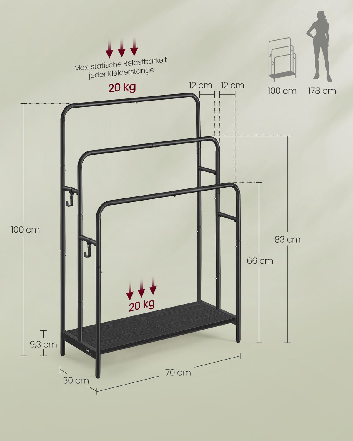 Freistehender Kleiderständer mit 3 Stangen und Ablage – Modernes Design – Stabil & Platzsparend