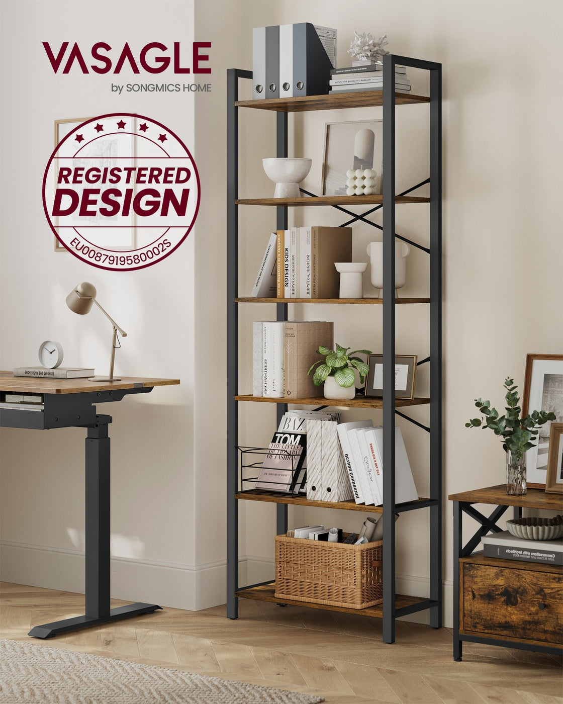 Bücherregal mit 6 offenen Regalen – Industriedesign – 186 cm hoch – Braun/Schwarz