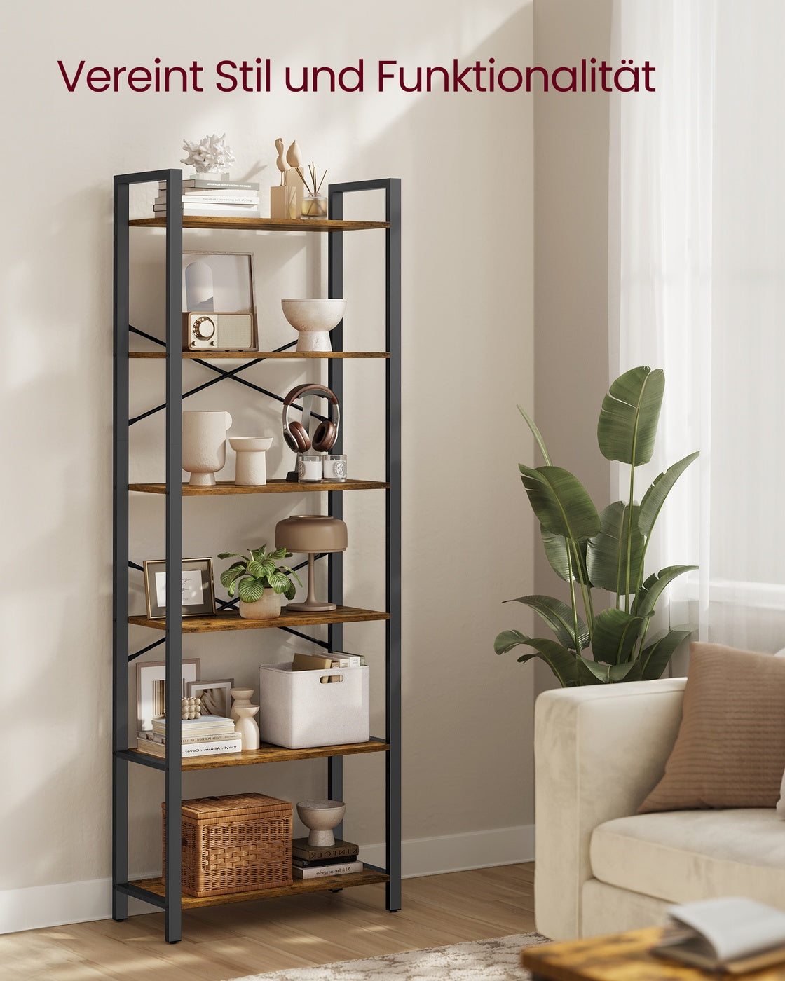 Bücherregal mit 6 offenen Regalen – Industriedesign – 186 cm hoch – Braun/Schwarz