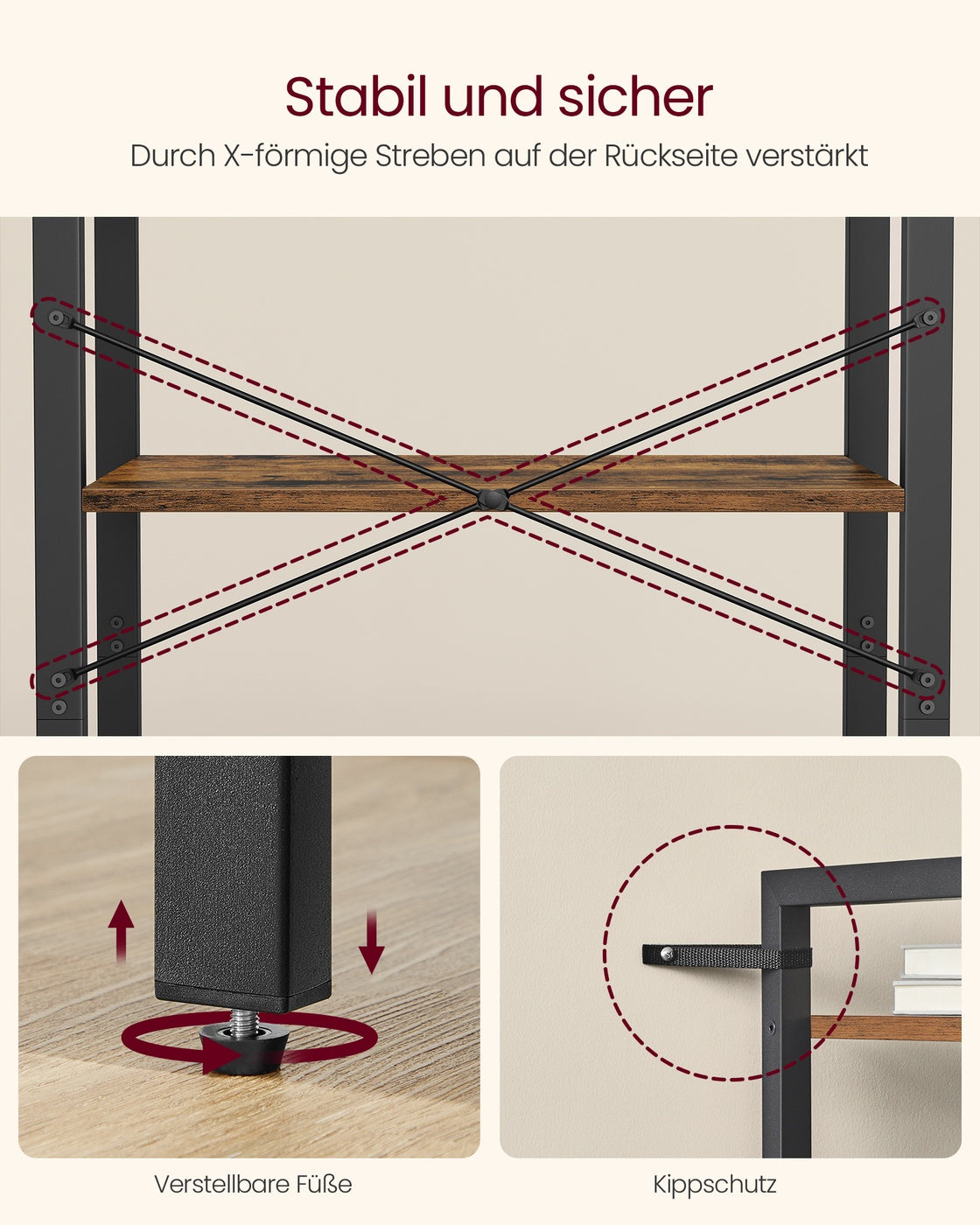 Bücherregal mit 6 offenen Regalen – Industriedesign – 186 cm hoch – Braun/Schwarz