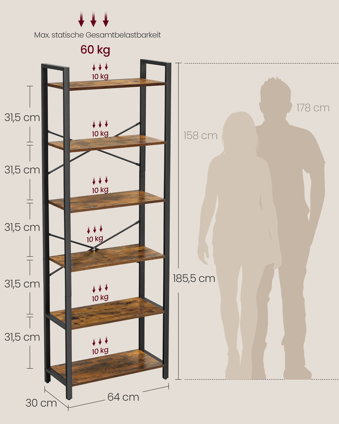 Bücherregal mit 6 offenen Regalen – Industriedesign – 186 cm hoch – Braun/Schwarz