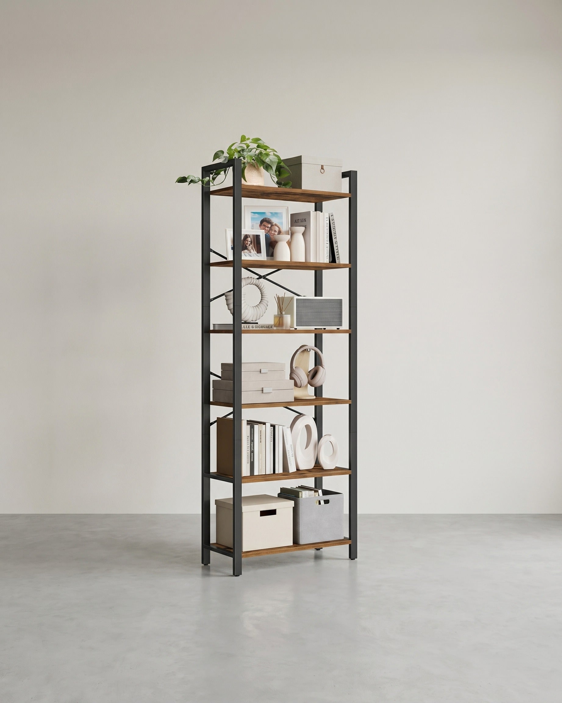 Bücherregal mit 6 offenen Regalen – Industriedesign – 186 cm hoch – Braun/Schwarz