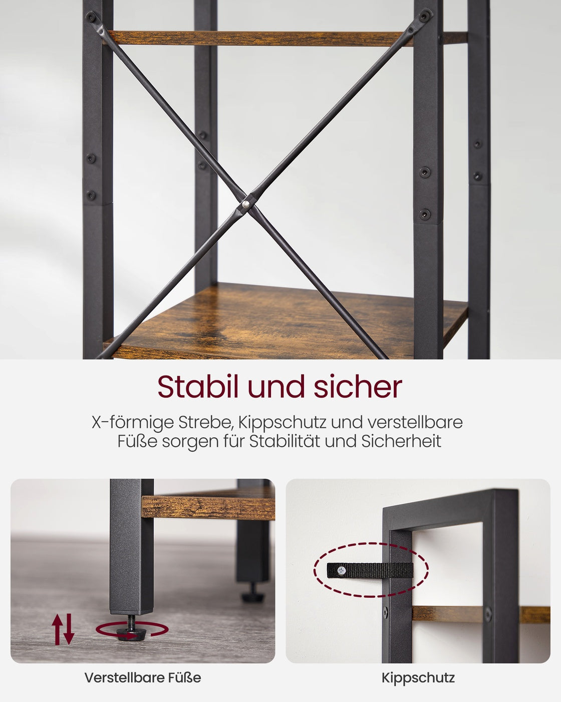 Bücherregal Industriedesign – 6 Ebenen – schmal 40 cm – schwarzer Metallrahmen mit Holzoptik – für Wohnzimmer & Büro