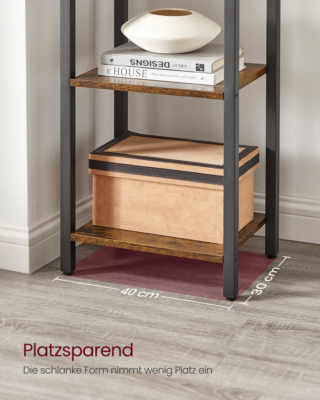 Bücherregal Industriedesign – 6 Ebenen – schmal 40 cm – schwarzer Metallrahmen mit Holzoptik – für Wohnzimmer & Büro
