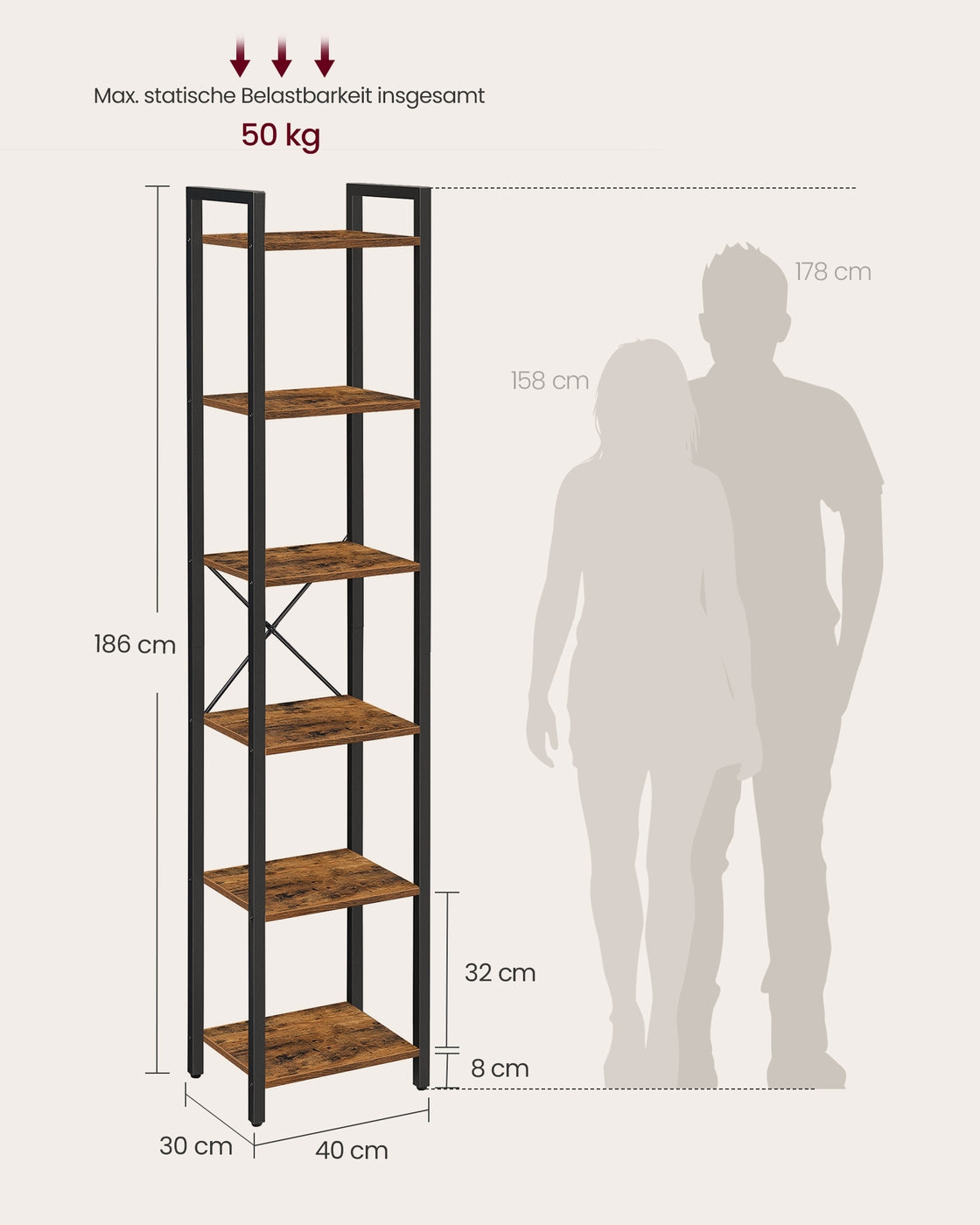 Bücherregal Industriedesign – 6 Ebenen – schmal 40 cm – schwarzer Metallrahmen mit Holzoptik – für Wohnzimmer & Büro