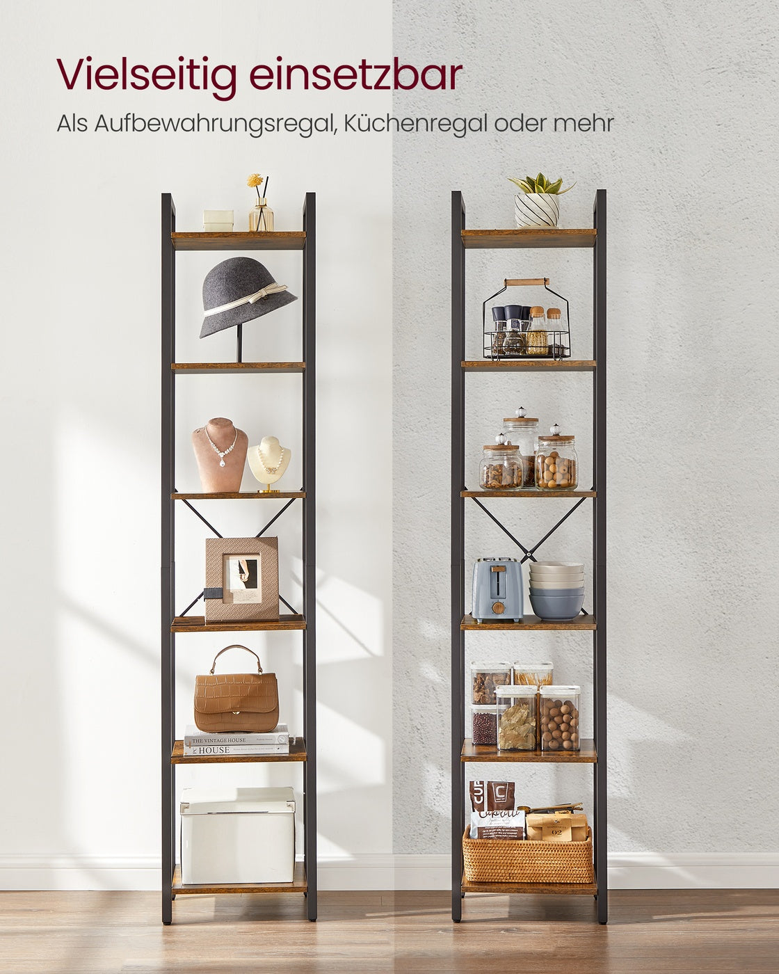 Bücherregal Industriedesign – 6 Ebenen – schmal 40 cm – schwarzer Metallrahmen mit Holzoptik – für Wohnzimmer & Büro