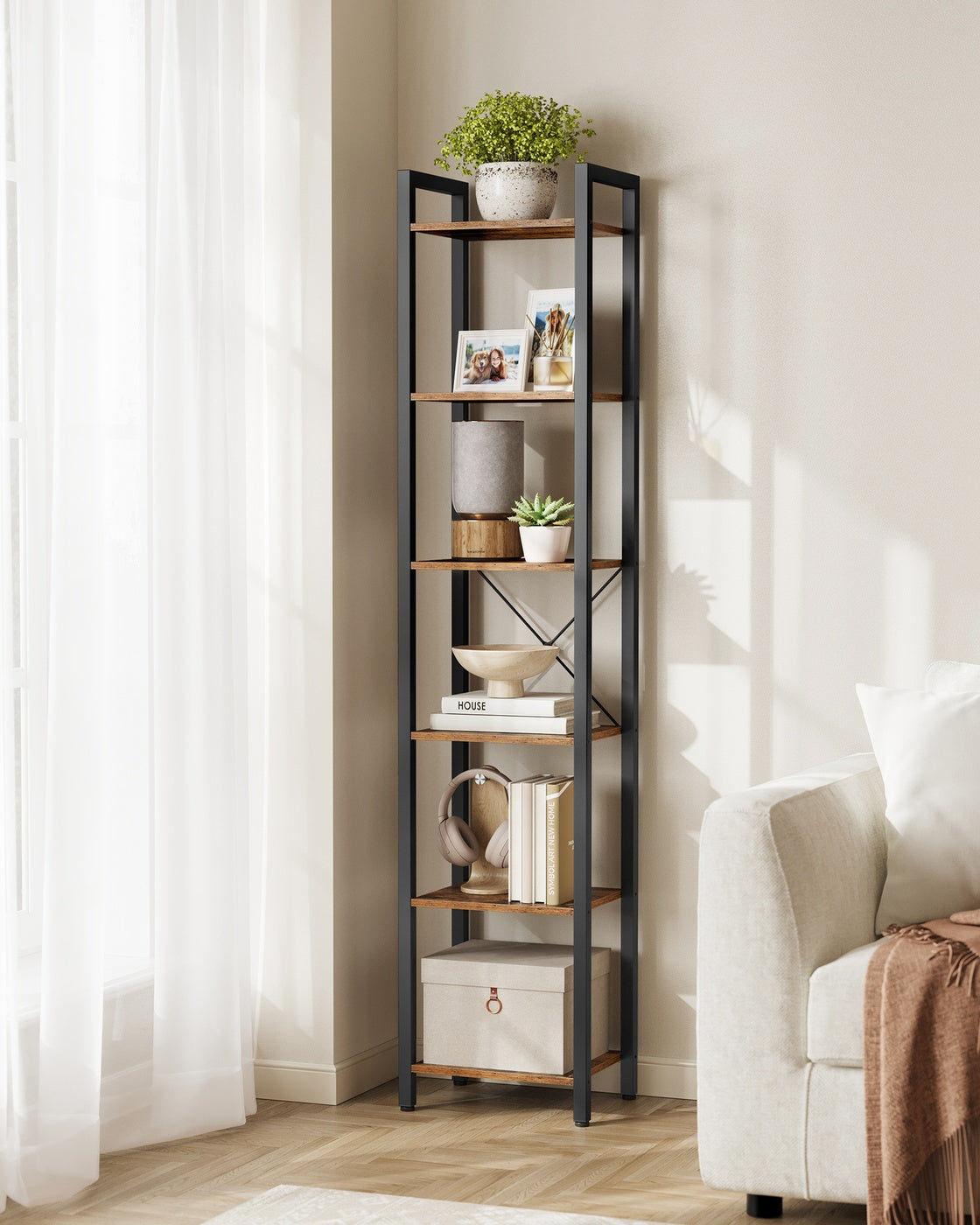 Bücherregal Industriedesign – 6 Ebenen – schmal 40 cm – schwarzer Metallrahmen mit Holzoptik – für Wohnzimmer & Büro